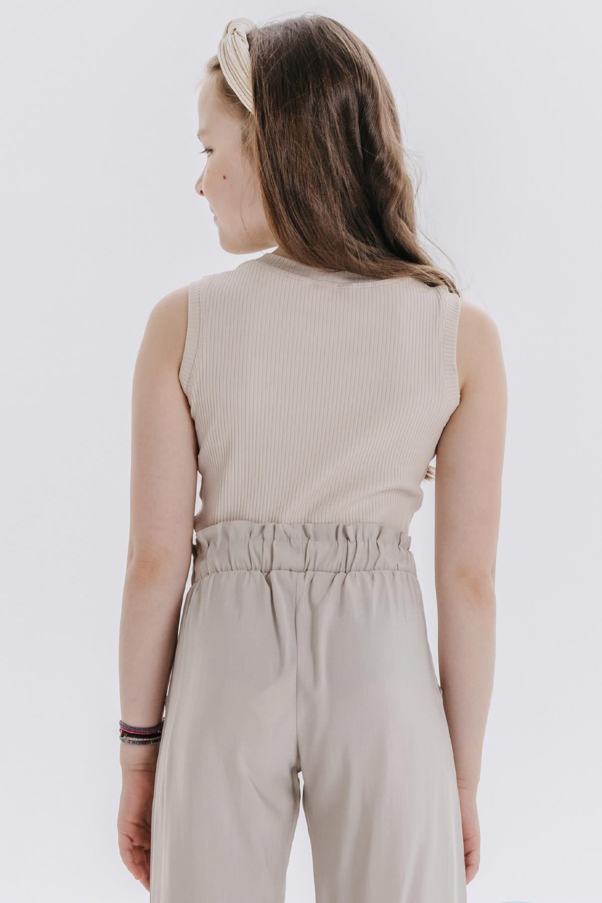 Breeze Kız Çocuk Crop Tişört Zincir Aksesuarlı Bej (9-16 Yaş)