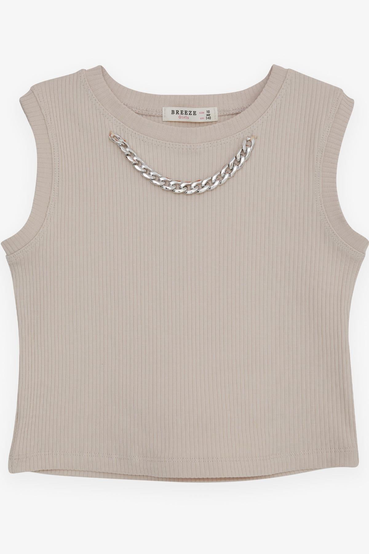 Breeze Kız Çocuk Crop Tişört Zincir Aksesuarlı Bej (9-16 Yaş)