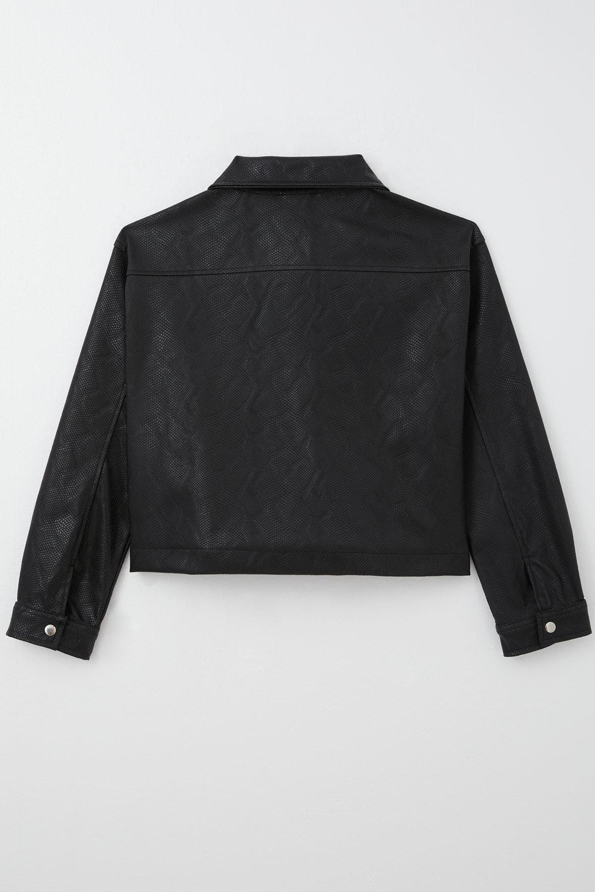 Breeze Kız Çocuk Deri Ceket Çıtçıtlı Desenli Siyah (9-14 Yaş)