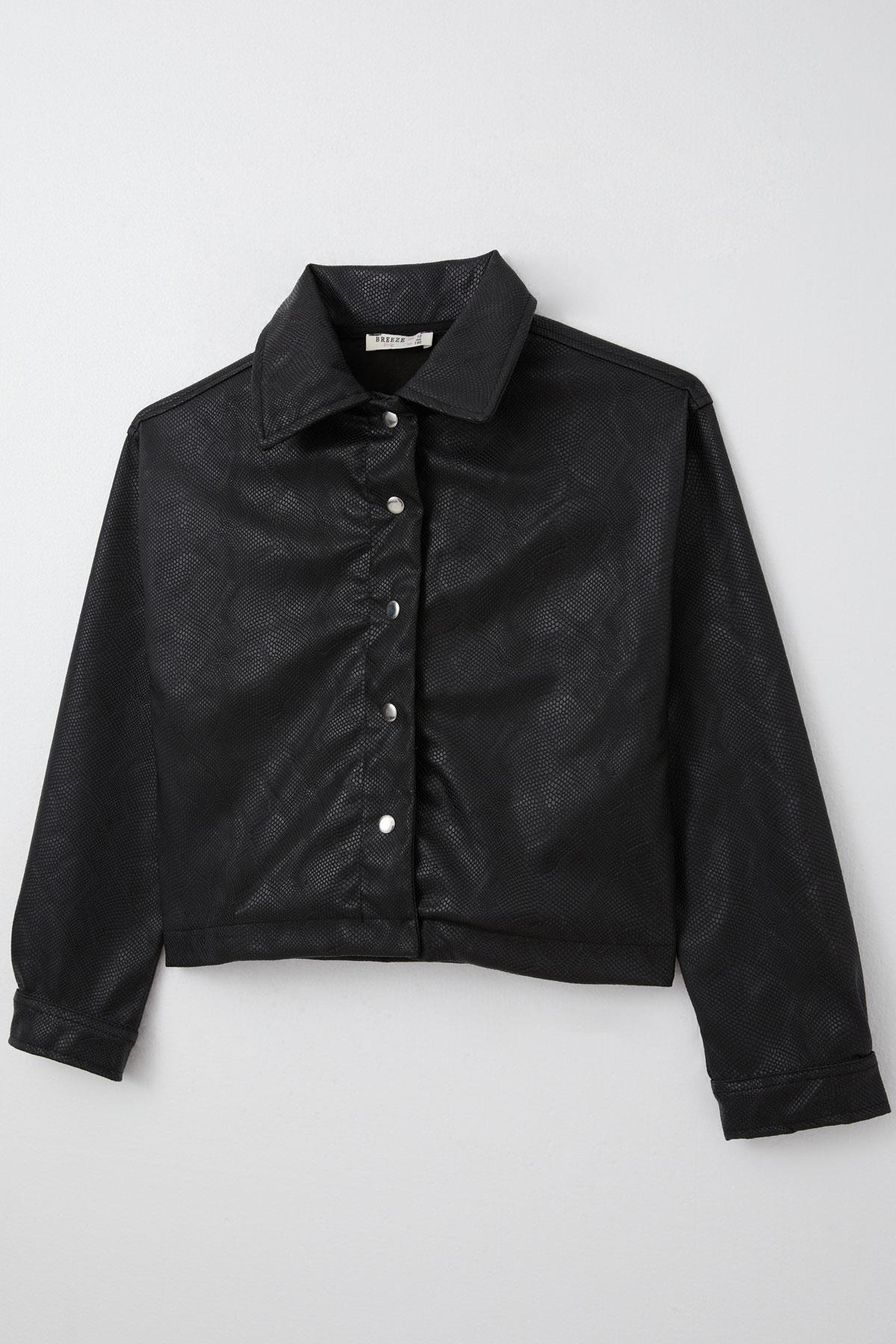 Breeze Kız Çocuk Deri Ceket Çıtçıtlı Desenli Siyah (9-14 Yaş)