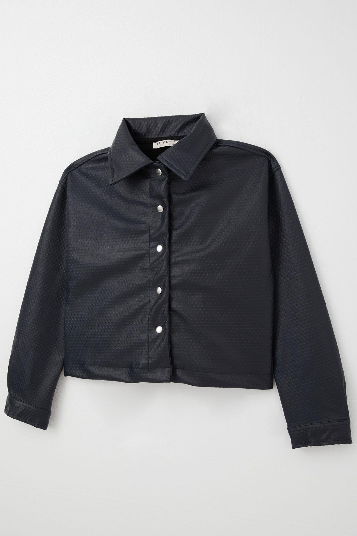 Breeze Kız Çocuk Deri Ceket Kabartma Desenli Çıtçıtlı Lacivert (9-14 Yaş)