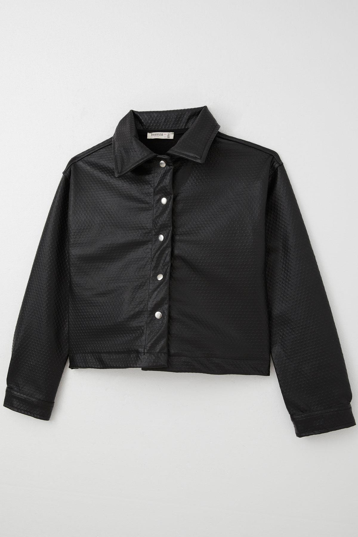 Breeze Kız Çocuk Deri Ceket Kabartma Desenli Çıtçıtlı Siyah (9-14 Yaş)