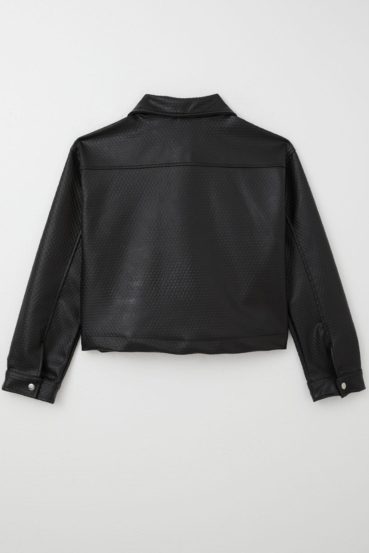 Breeze Kız Çocuk Deri Ceket Kabartma Desenli Çıtçıtlı Siyah (9-14 Yaş)