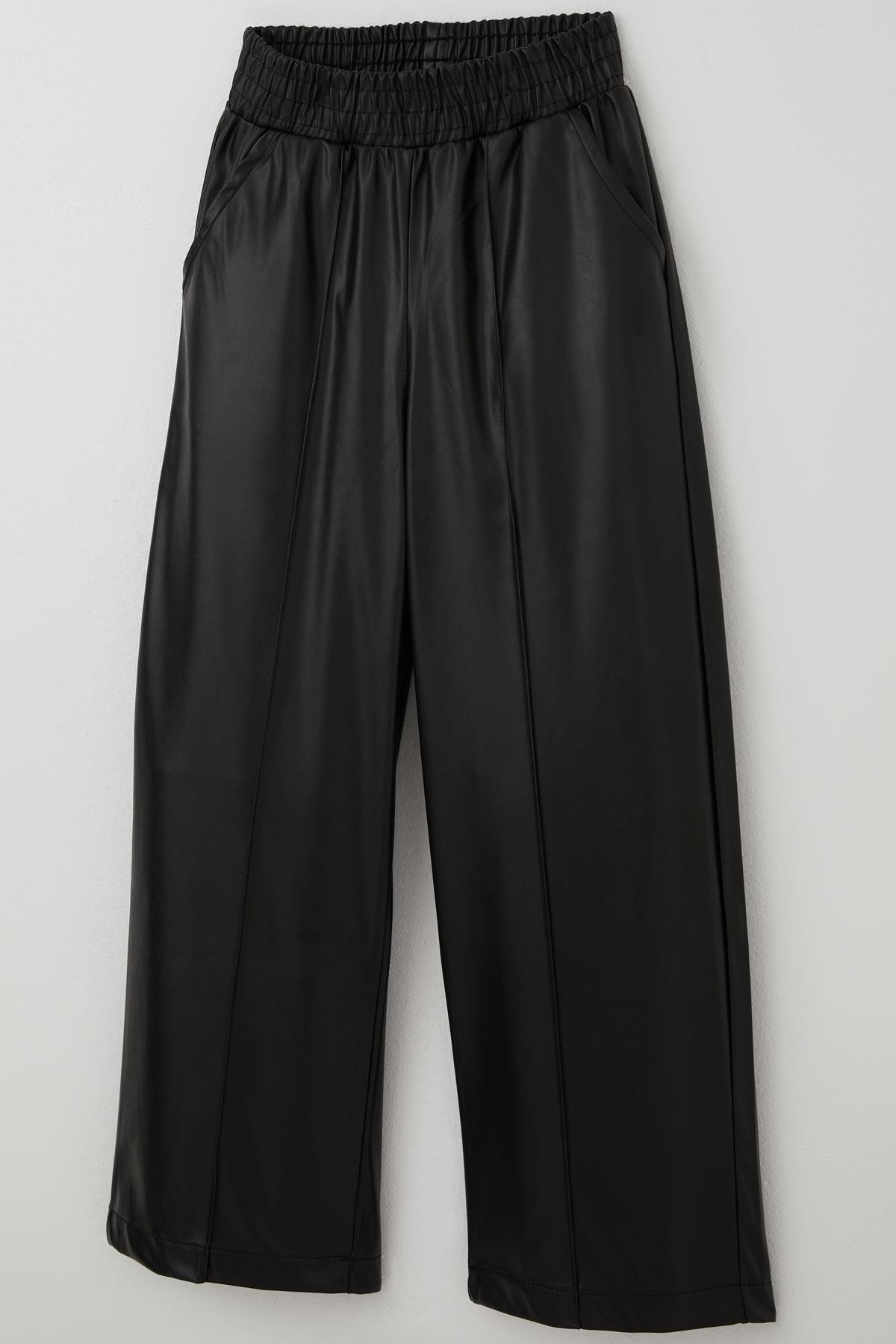 Breeze Kız Çocuk Deri Pantolon Çima Dikiş Detaylı Beli Lastikli Cepli Siyah (8-14 Yaş)