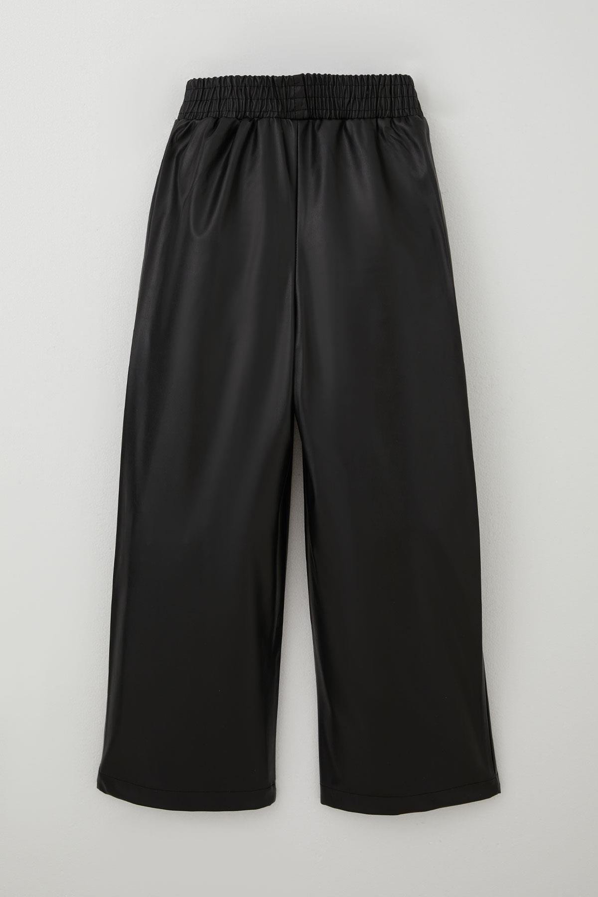 Breeze Kız Çocuk Deri Pantolon Çima Dikiş Detaylı Beli Lastikli Cepli Siyah (8-14 Yaş)