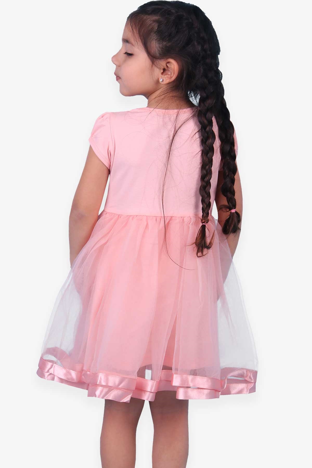 Breeze Kız Çocuk Elbise Altı Tüllü Saten Biyeli  Somon (1.5-5 Yaş)