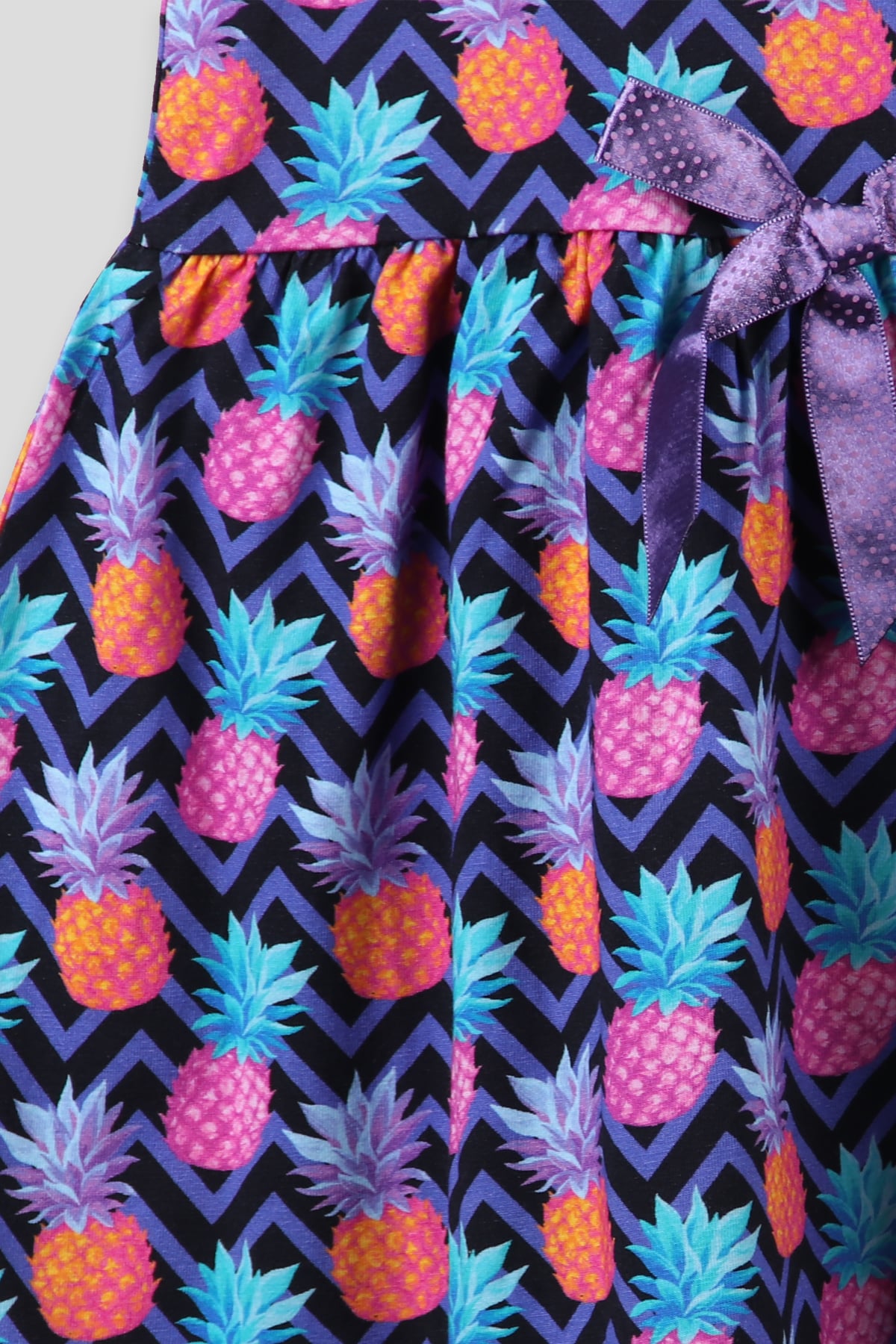 Breeze Kız Çocuk Elbise Ananas Baskılı Fiyonklu Mor (6-10 Yaş)