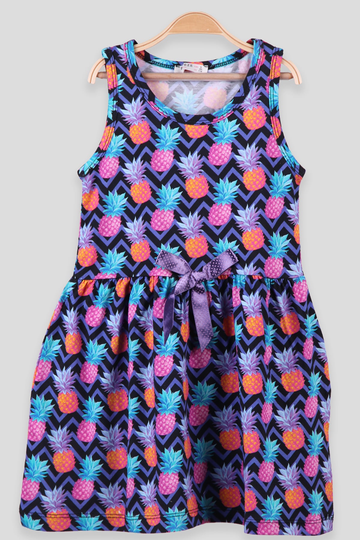 Breeze Kız Çocuk Elbise Ananas Baskılı Fiyonklu Mor (6-10 Yaş)
