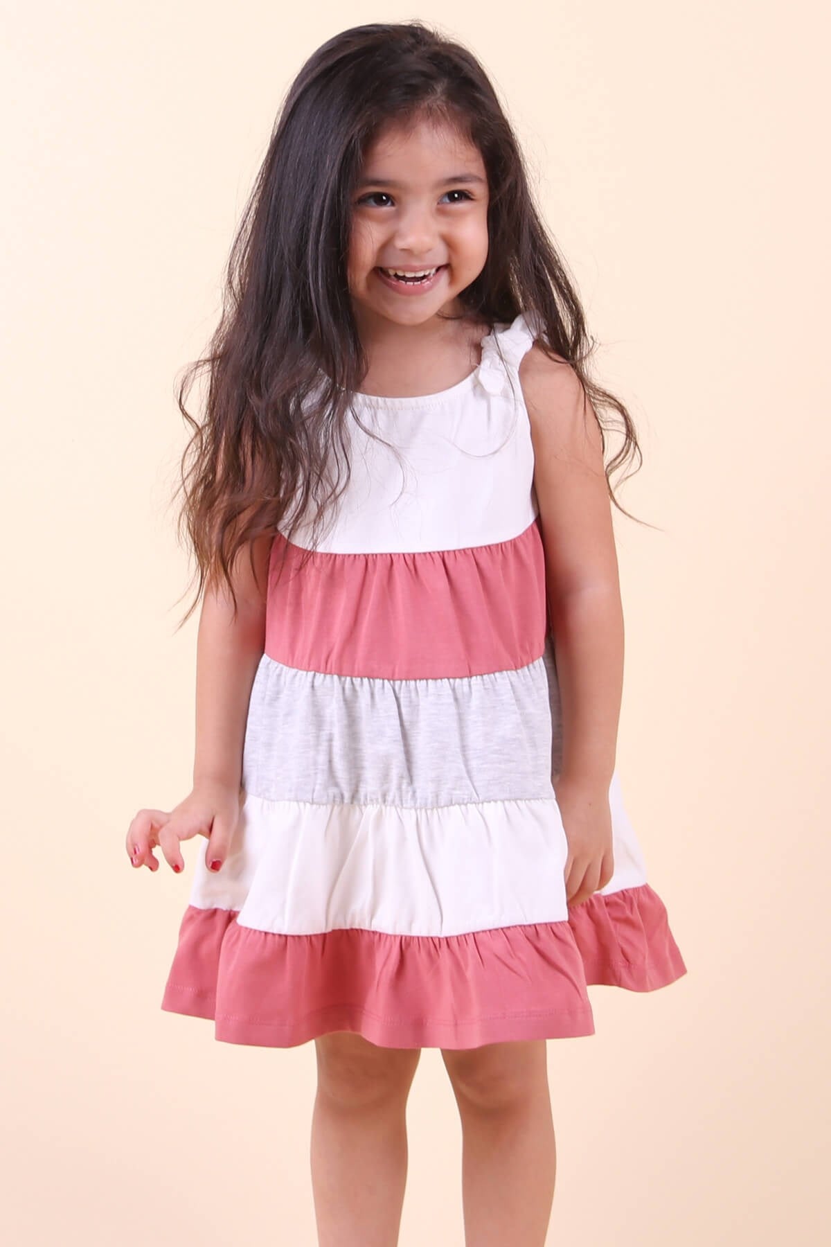Breeze Kız Çocuk Elbise Askılı Katkat Renkli Gülkurusu (1.5-5 Yaş)