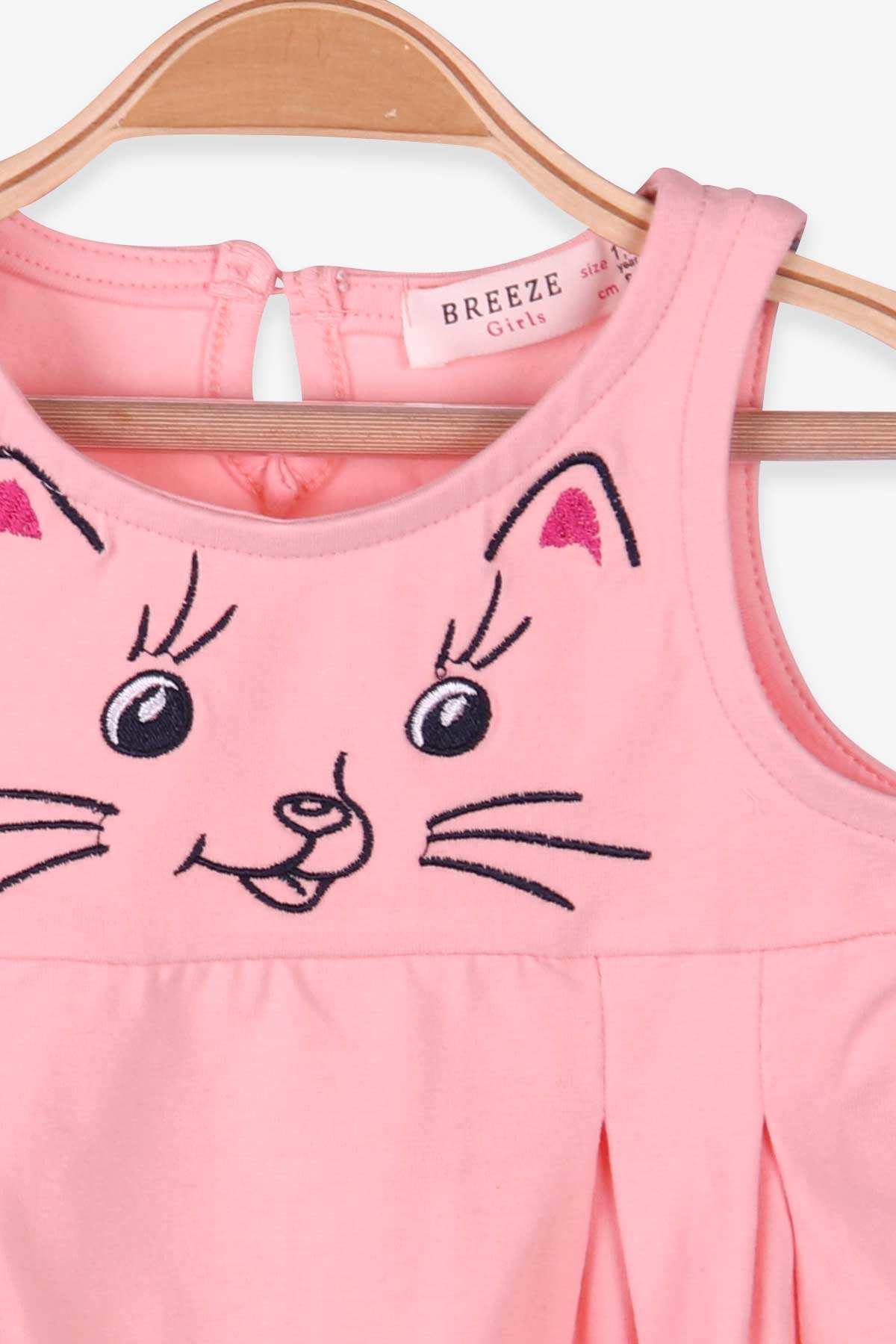 Breeze Kız Çocuk Elbise Askılı Pileli Kedi Nakışlı Somon (1.5-5 Yaş)