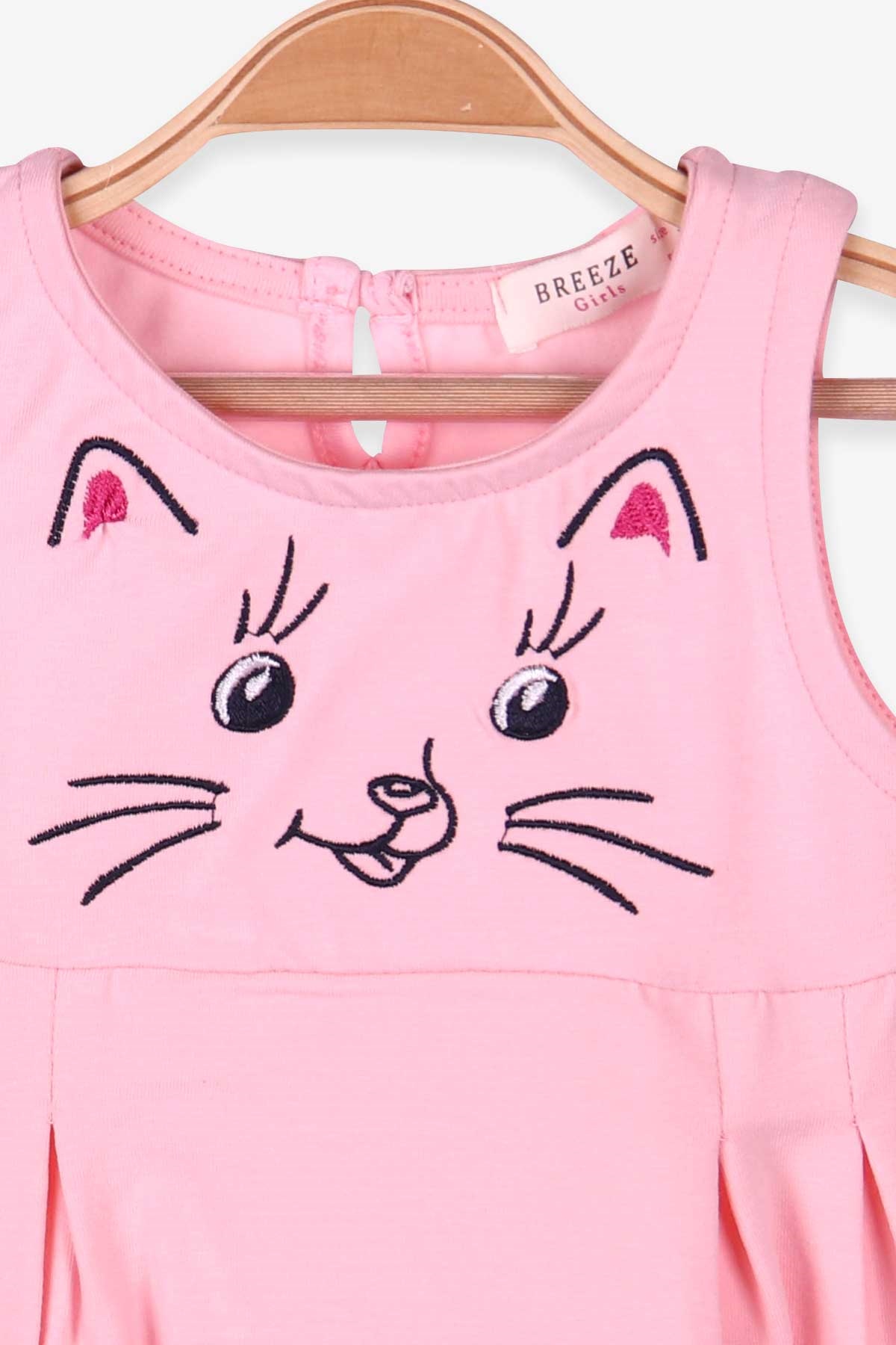 Breeze Kız Çocuk Elbise Askılı Pileli Kedi Nakışlı Pudra (1.5-5 Yaş)