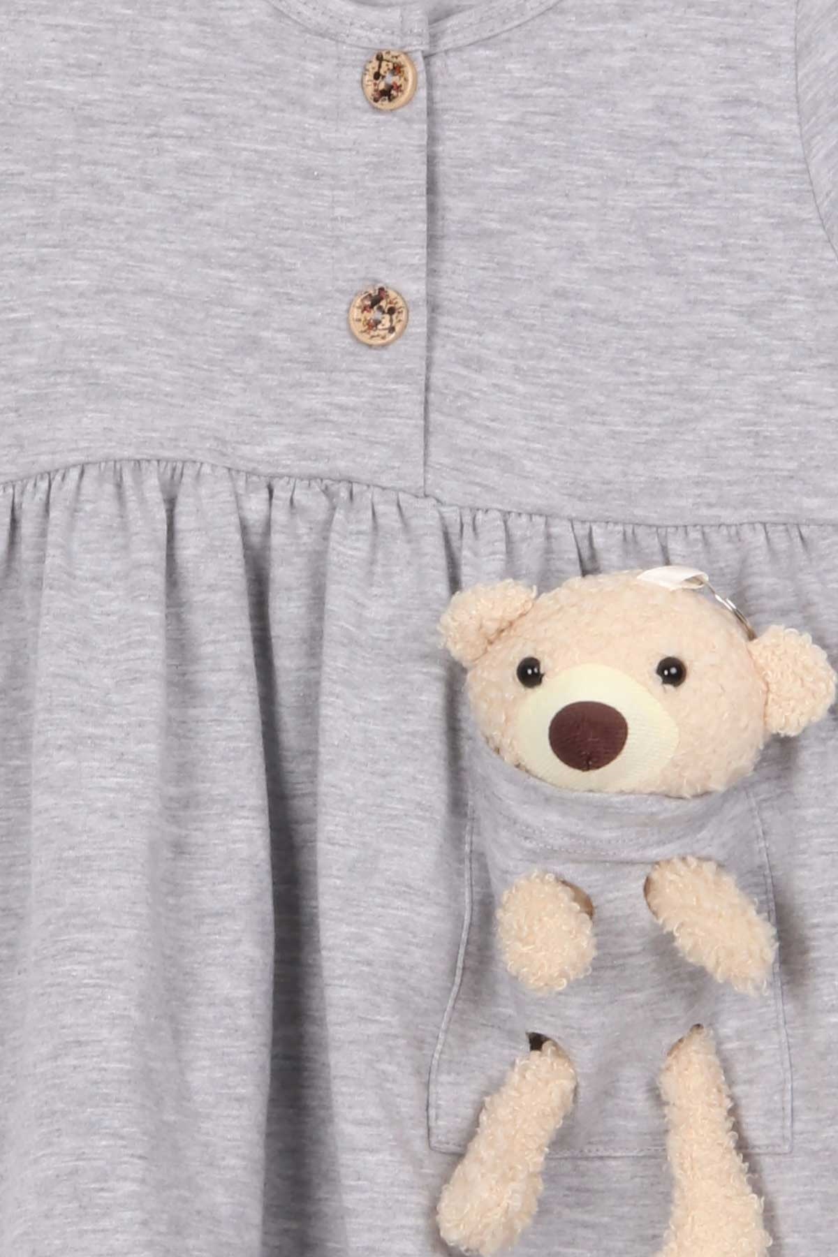 Breeze Kız Çocuk Elbise Ayıcık Aksesuar Detaylı Gri Melanj (2-6 Yaş)