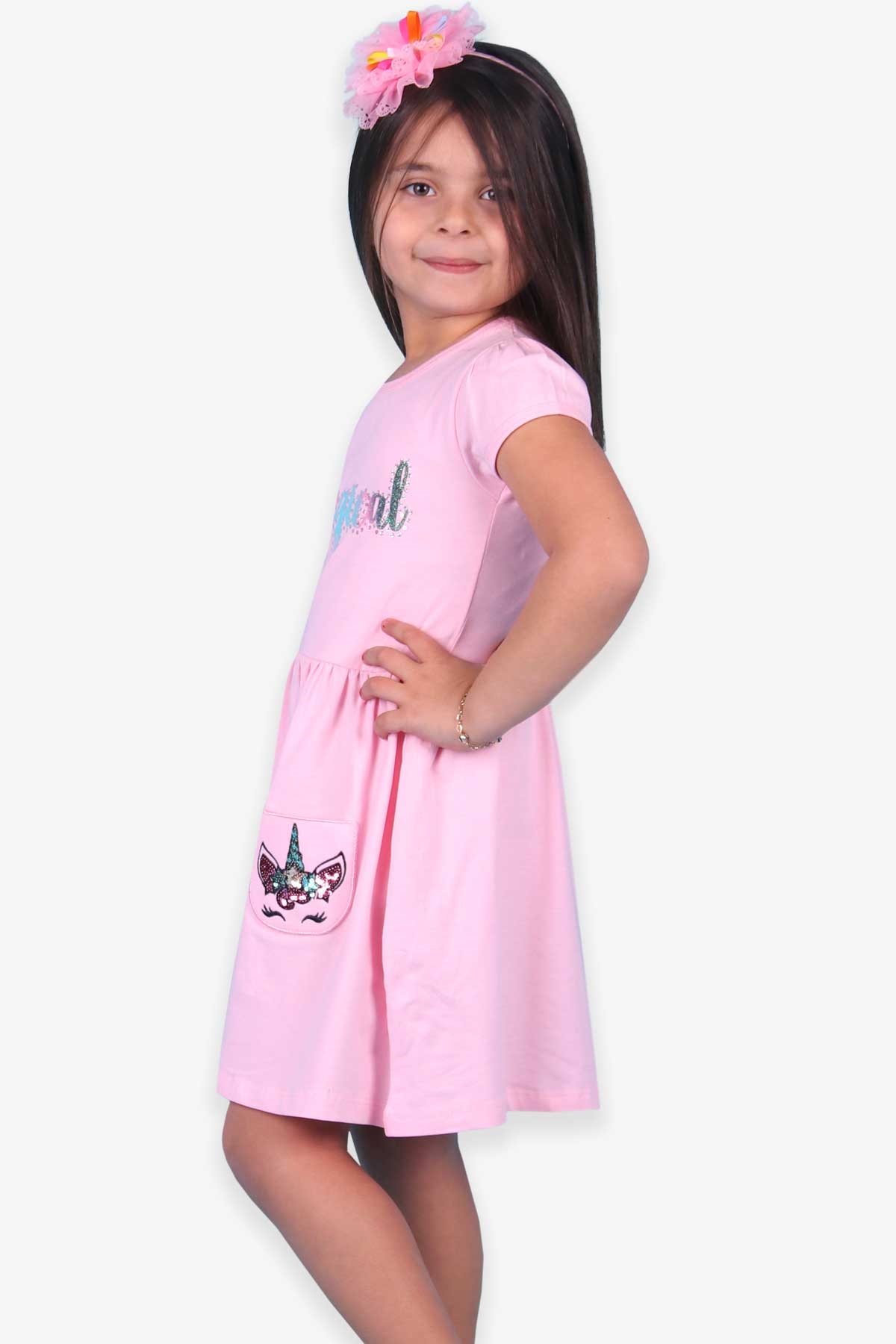 Breeze Kız Çocuk Elbise Baskılı Pullu Pudra (2-6 Yaş)