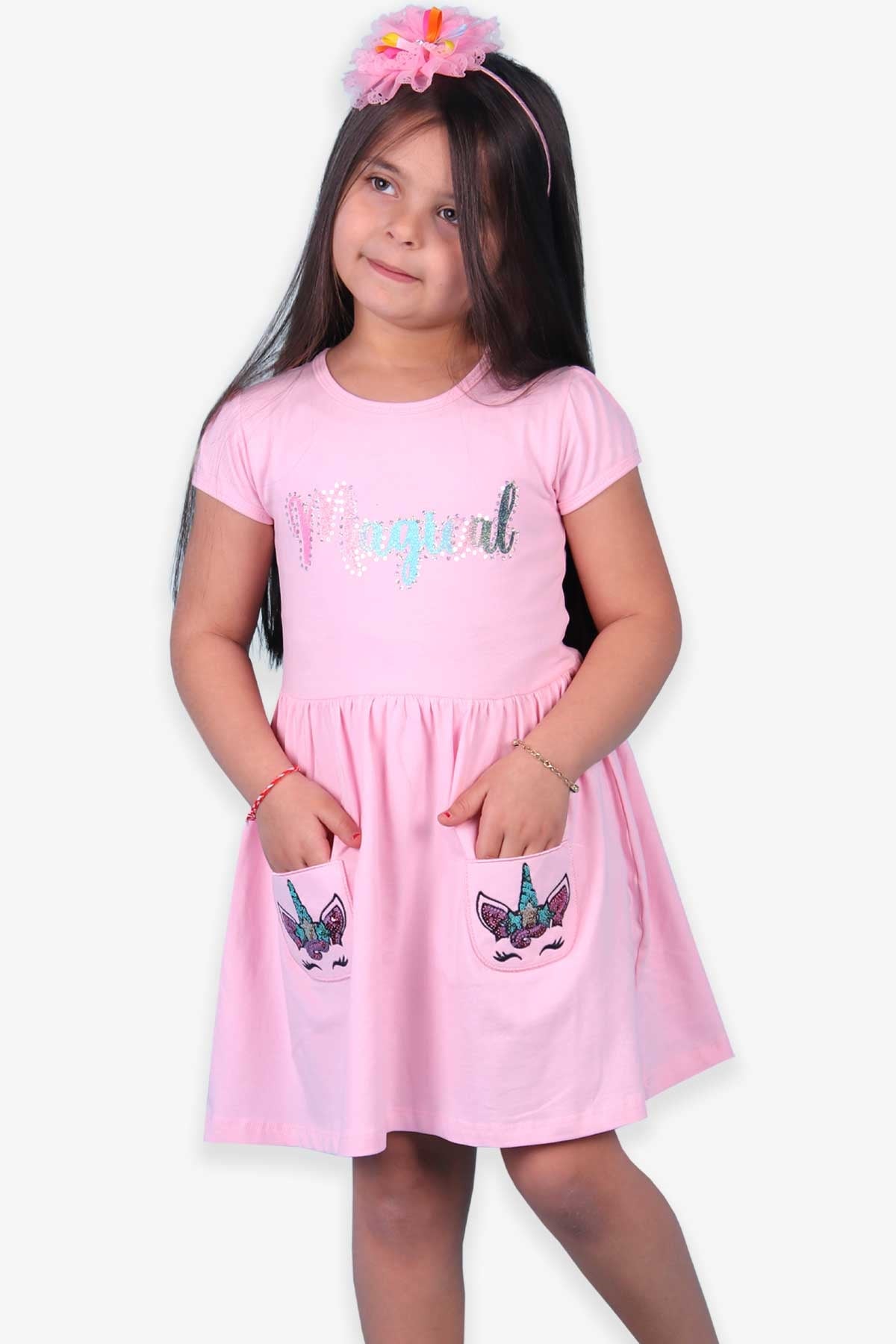 Breeze Kız Çocuk Elbise Baskılı Pullu Pudra (2-6 Yaş)