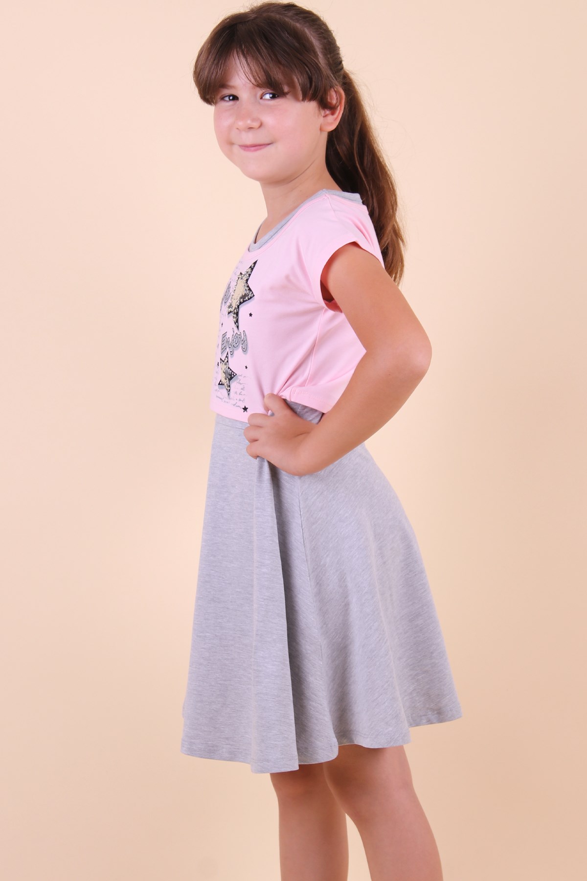Breeze Kız Çocuk Elbise Bolerolu Yıldızı Pullu Taşlı Pudra (8-14 Yaş)