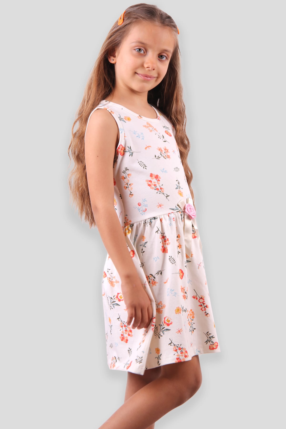 Breeze Kız Çocuk Elbise Çiçek Baskılı Fiyonklu Ekru (6-10 Yaş)