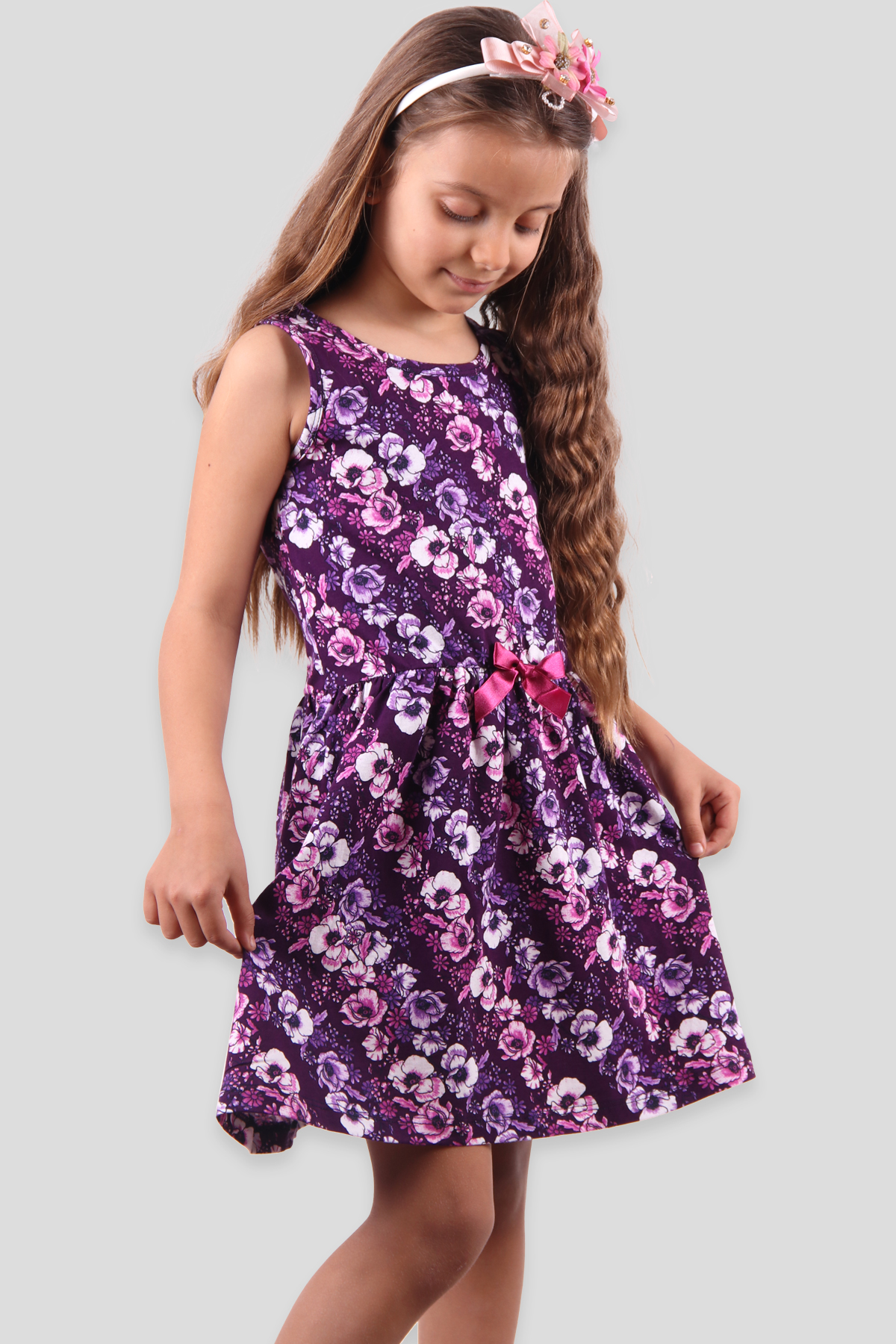Breeze Kız Çocuk Elbise Çiçek Baskılı Fiyonklu Mor (6-10 Yaş)
