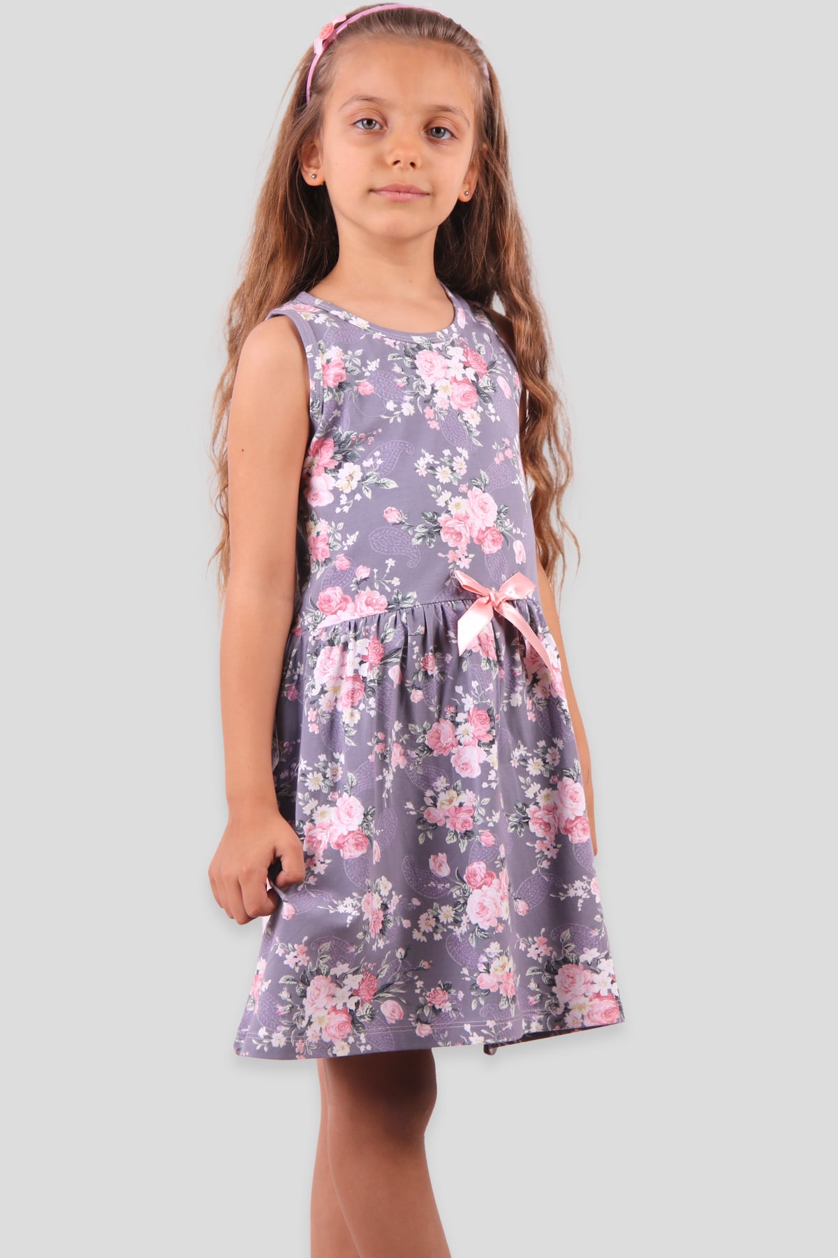 Breeze Kız Çocuk Elbise Çiçek Baskılı Fiyonklu Gri (6-10 Yaş)