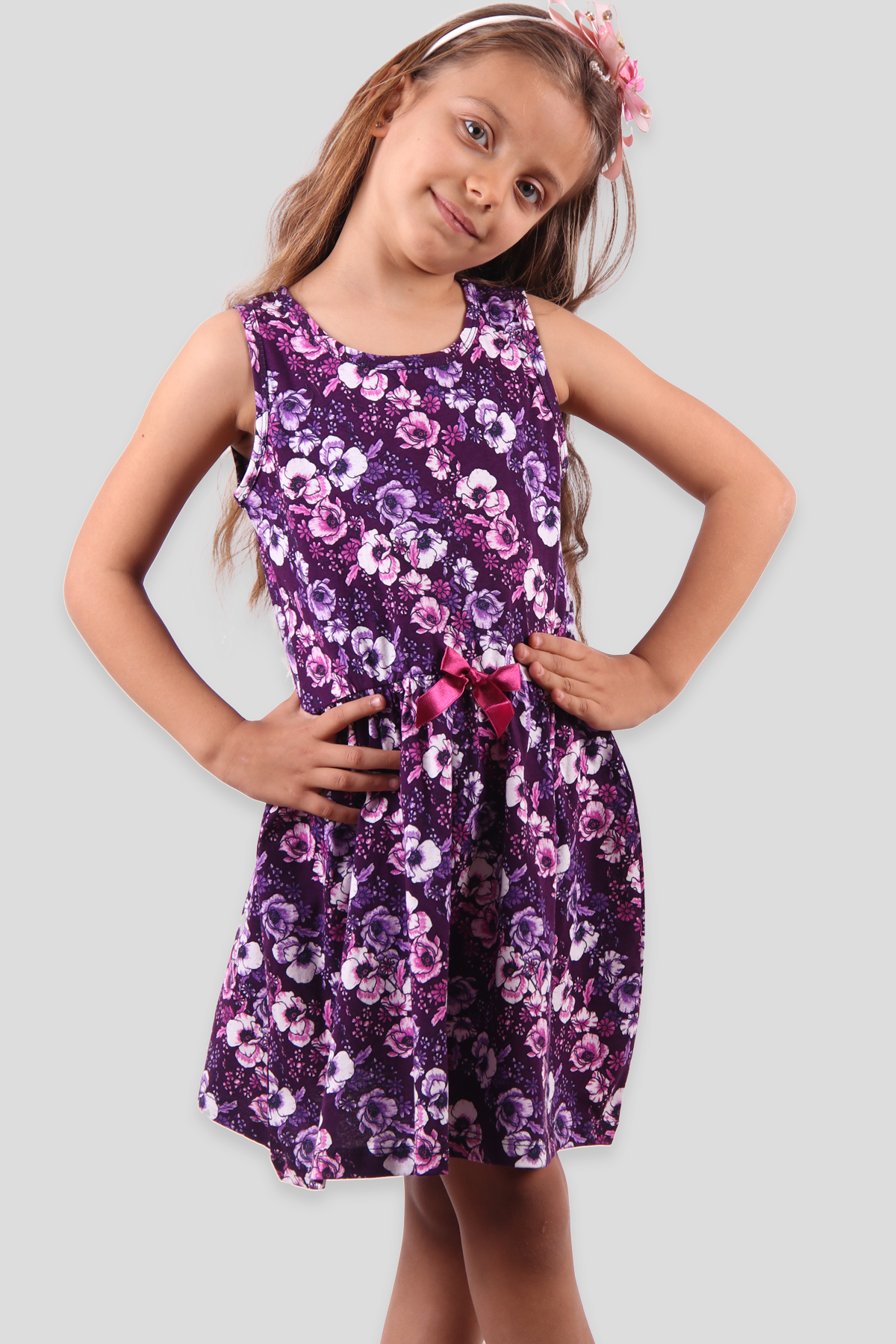 Breeze Kız Çocuk Elbise Çiçek Baskılı Fiyonklu Mor (6-10 Yaş)
