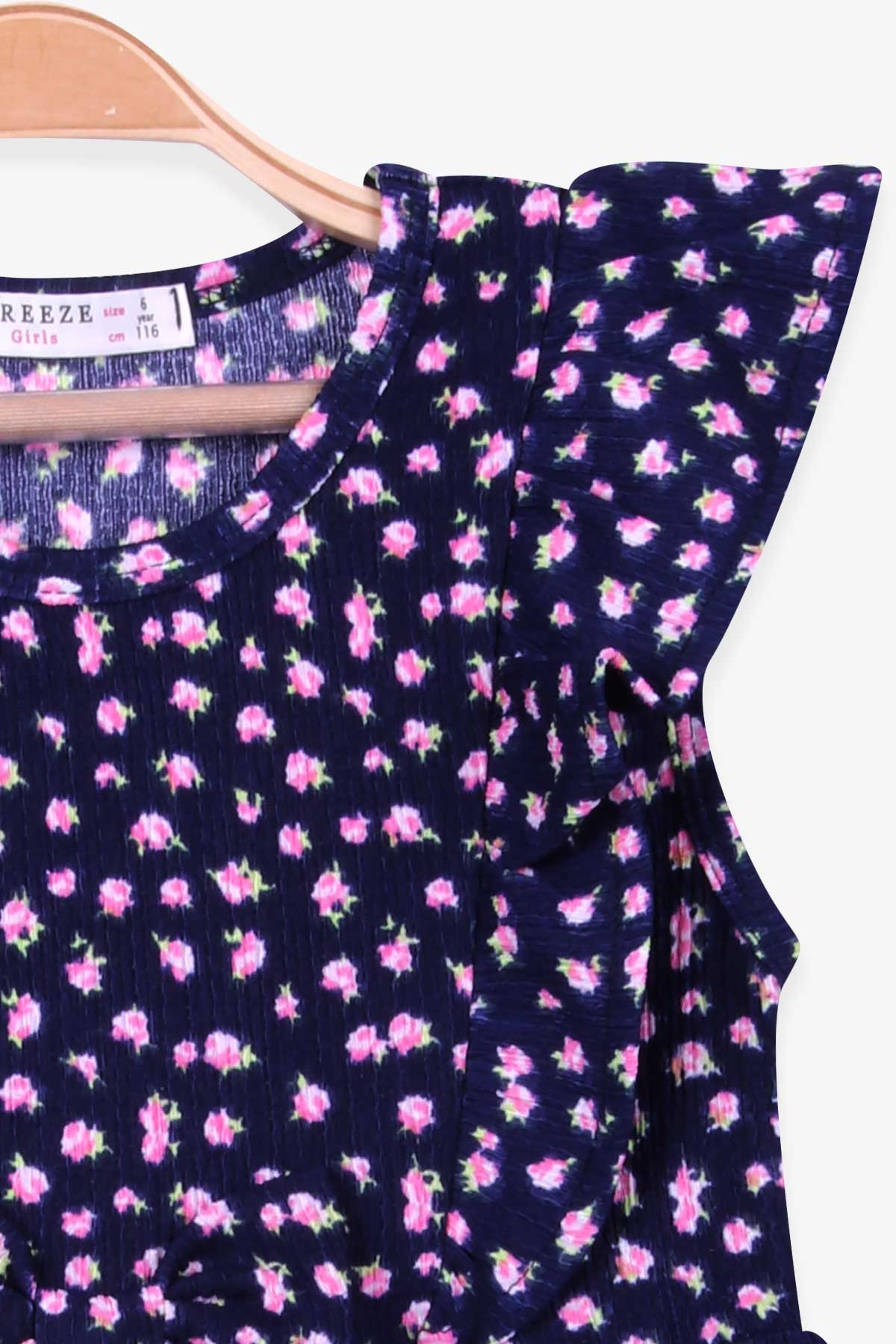 Breeze Kız Çocuk Elbise Çiçek Desenli Fiyonklu Lacivert (6-12 Yaş)