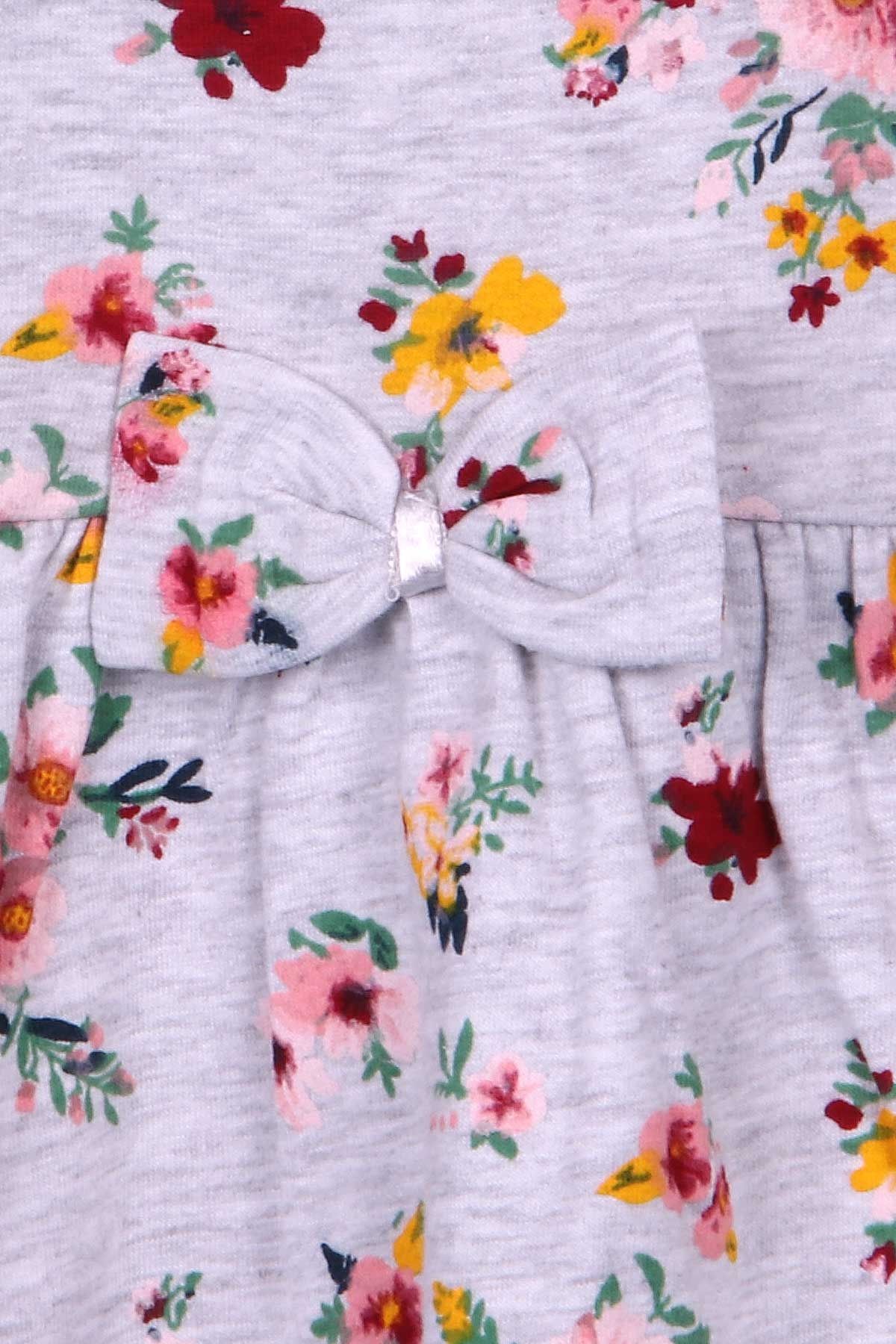 Breeze Kız Çocuk Elbise Çiçek Desenli Açık Gri Melanj (6-10 Yaş)