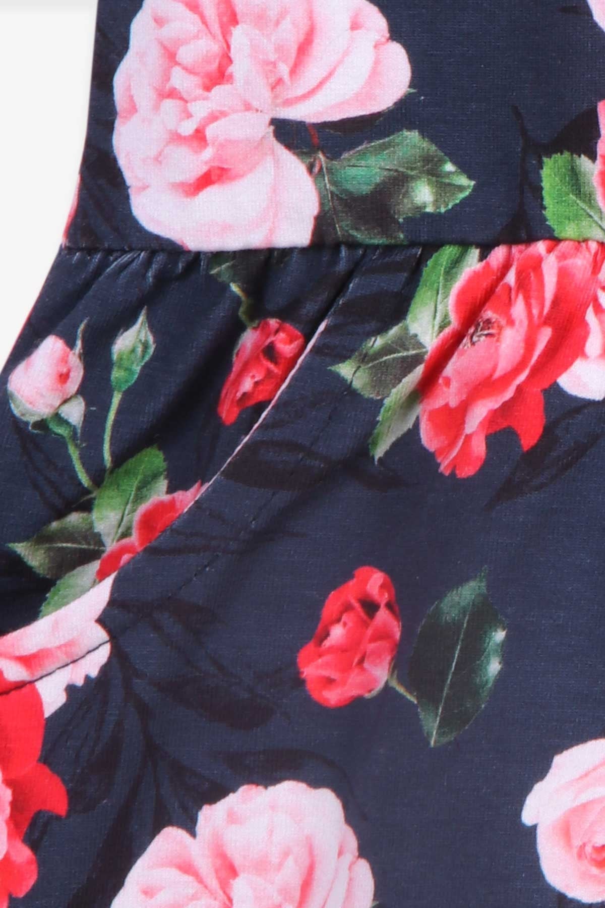 Breeze Kız Çocuk Elbise Çiçek Desenli Koyu Mavi (4 Yaş)