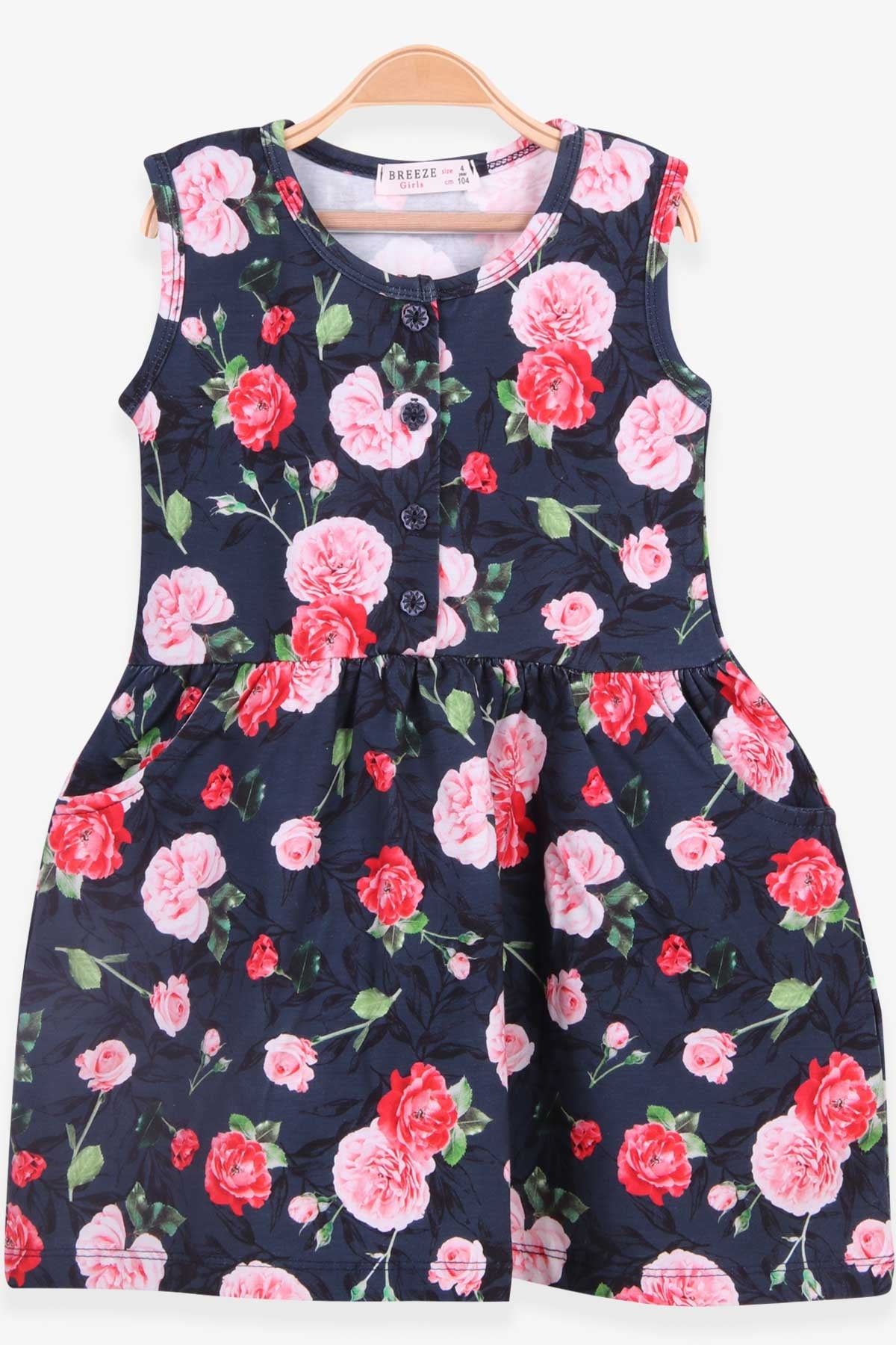 Breeze Kız Çocuk Elbise Çiçek Desenli Koyu Mavi (4 Yaş)