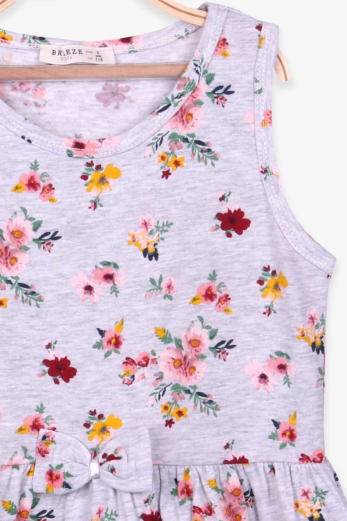 Breeze Kız Çocuk Elbise Çiçek Desenli Açık Gri Melanj (6-10 Yaş)