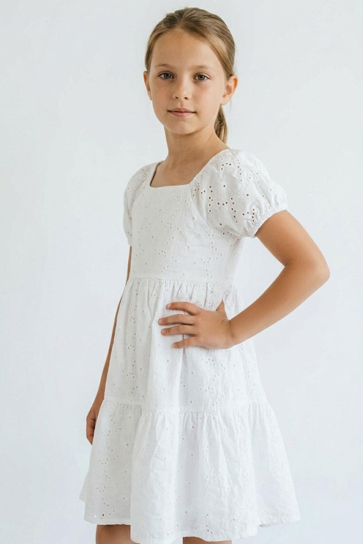 Breeze Kız Çocuk Elbise Çiçek Nakış Güpürlü Kolları Lastikli Ekru (6-12 Yaş)