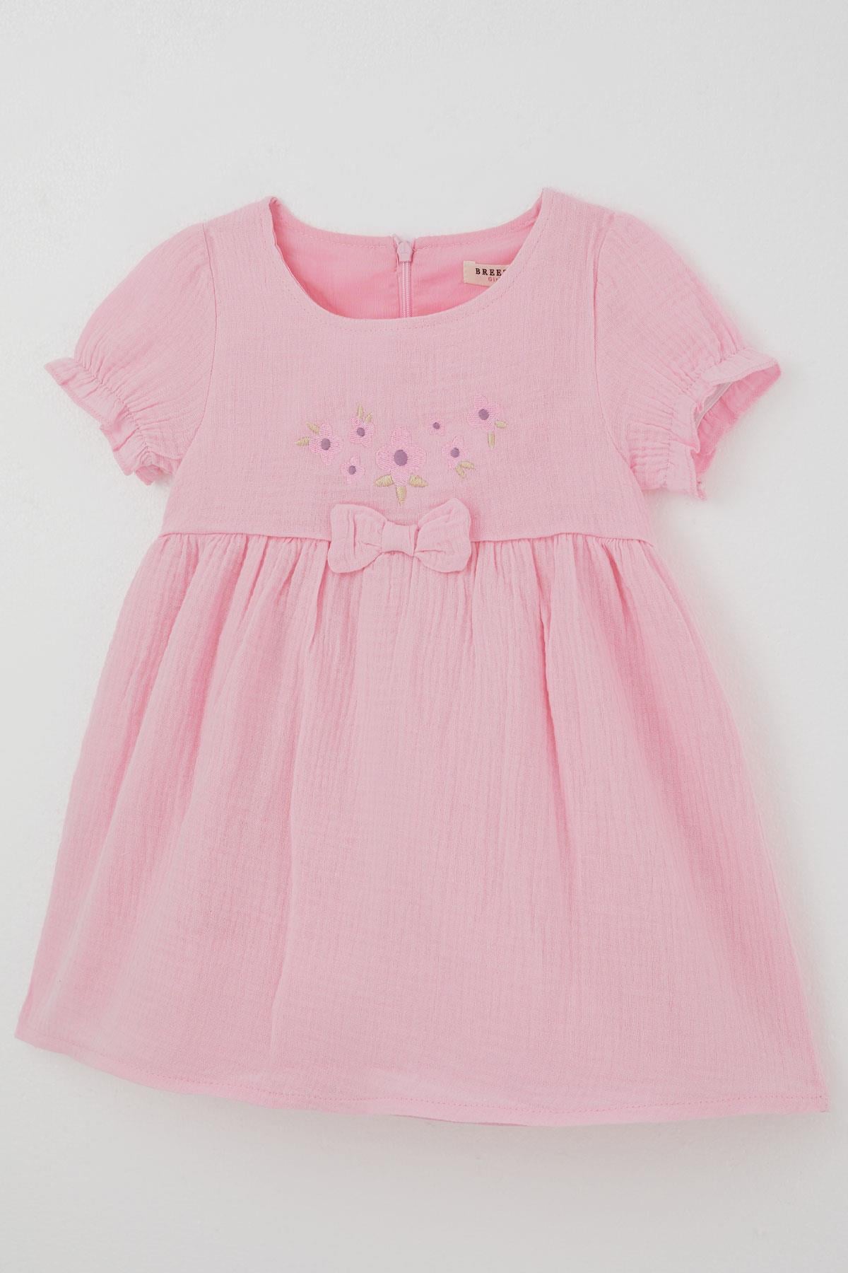 Breeze Kız Çocuk Elbise Çiçek Nakışlı Kolları Lastikli Fiyonk Aksesuarlı Pembe (1-4 Yaş)