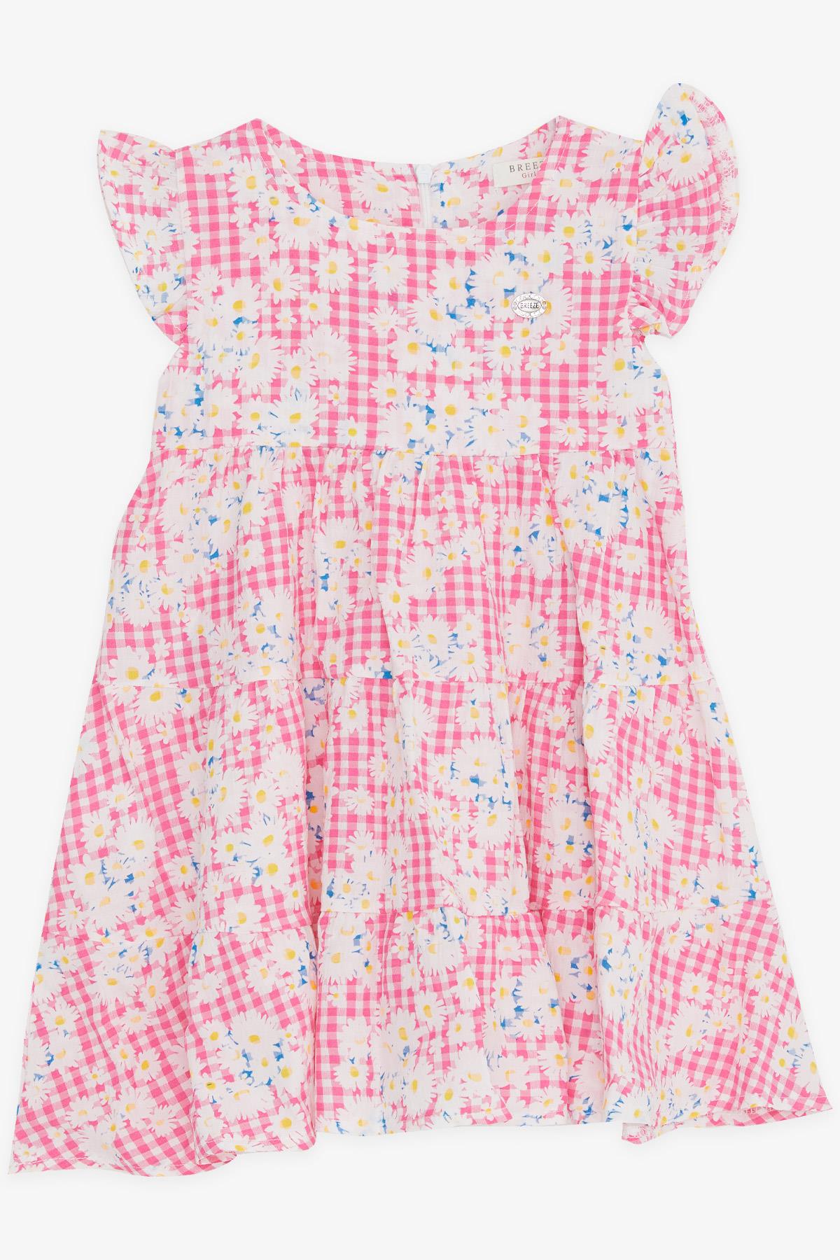 Breeze Kız Çocuk Elbise Çiçekli Kolları Fırfırlı Pembe (1.5-5 Yaş)