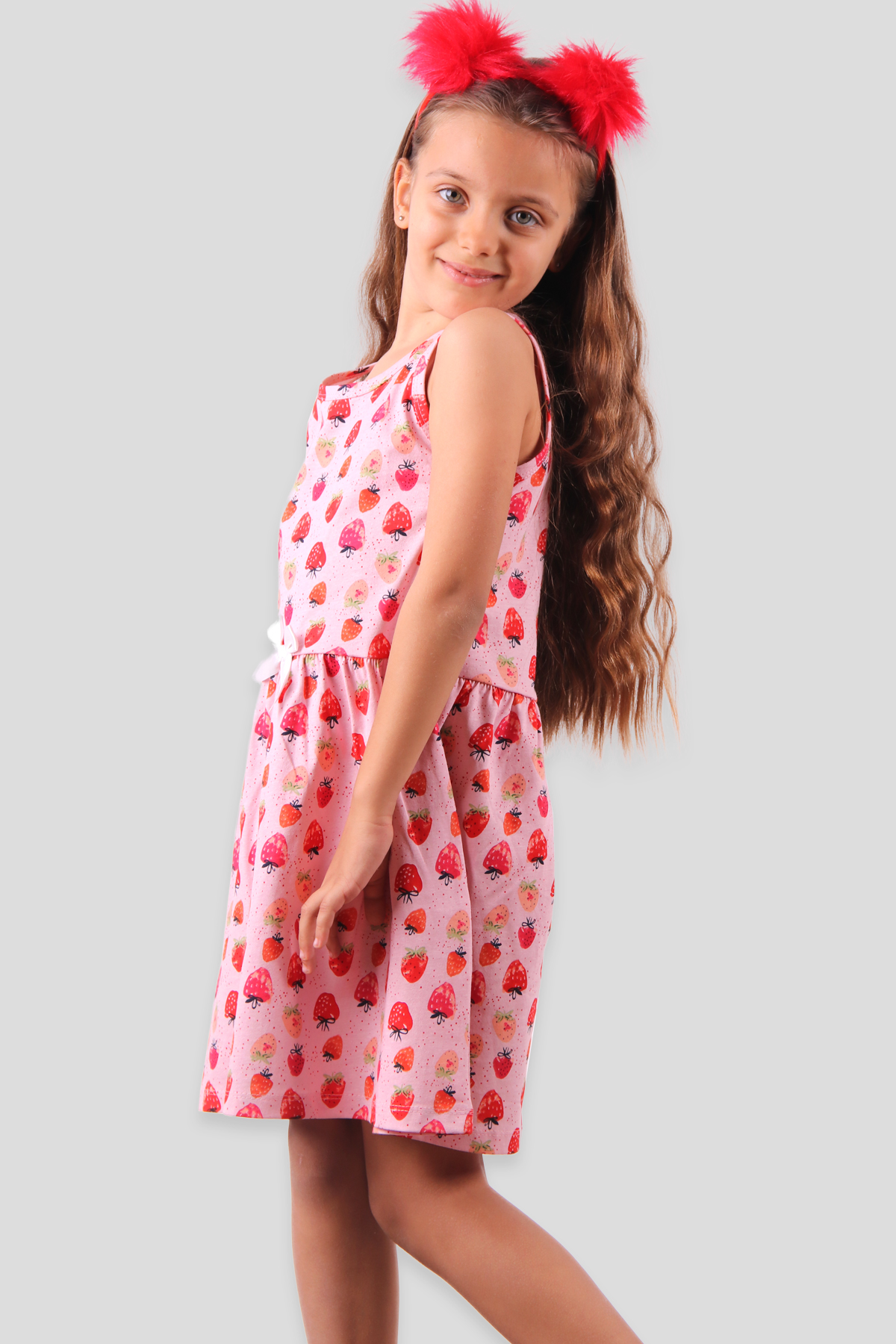 Breeze Kız Çocuk Elbise Çilek Baskılı Fiyonklu  (6-10 Yaş)
