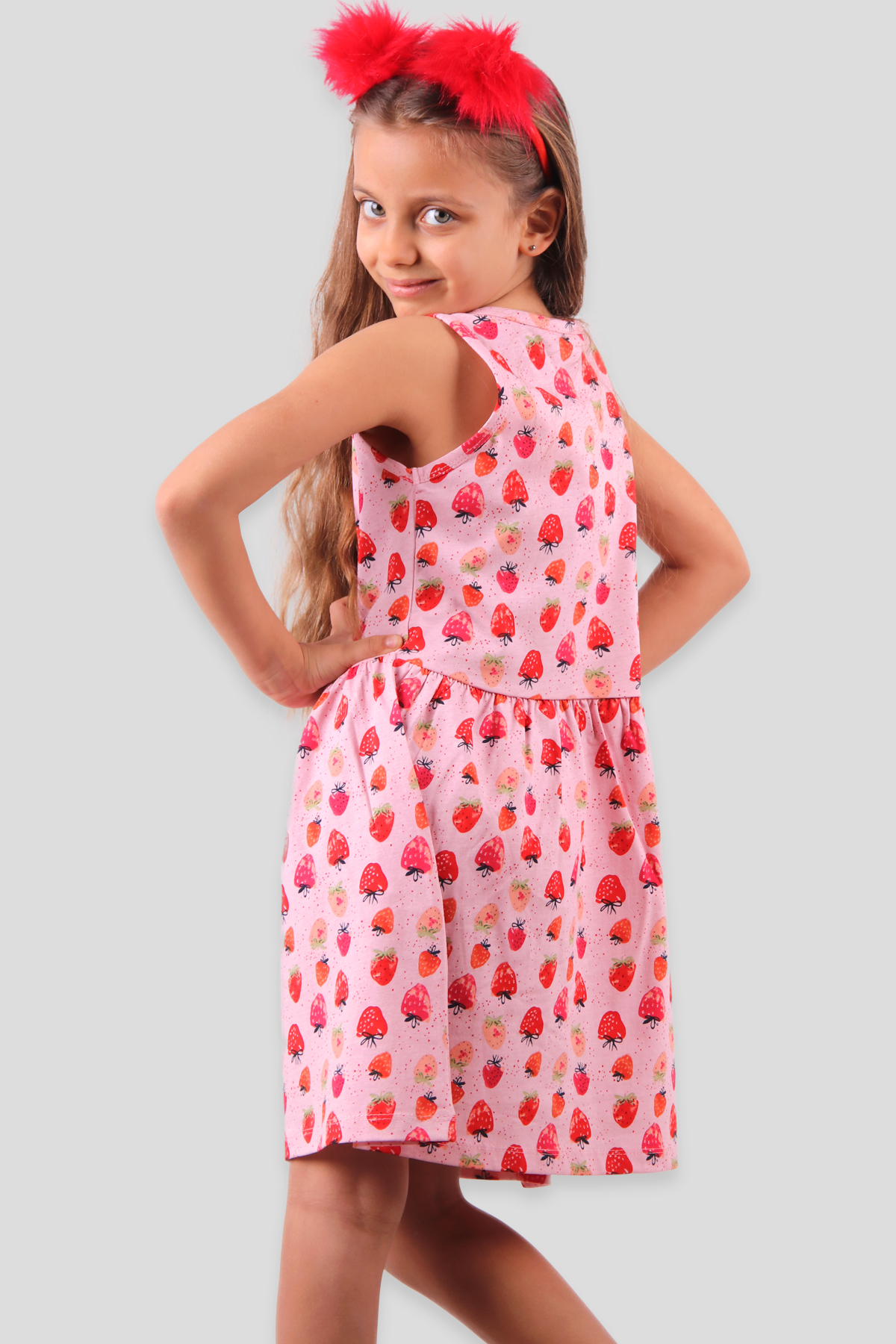 Breeze Kız Çocuk Elbise Çilek Baskılı Fiyonklu  (6-10 Yaş)