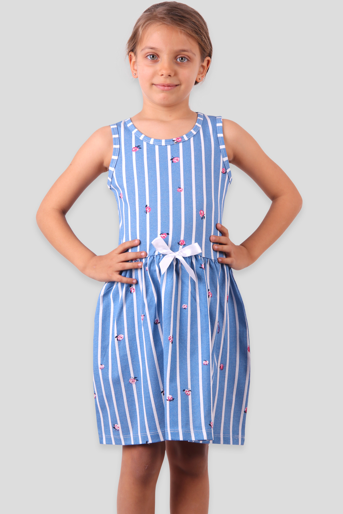 Breeze Kız Çocuk Elbise Çizgili Gül Baskılı Fiyonklu Mavi (6-10 Yaş)