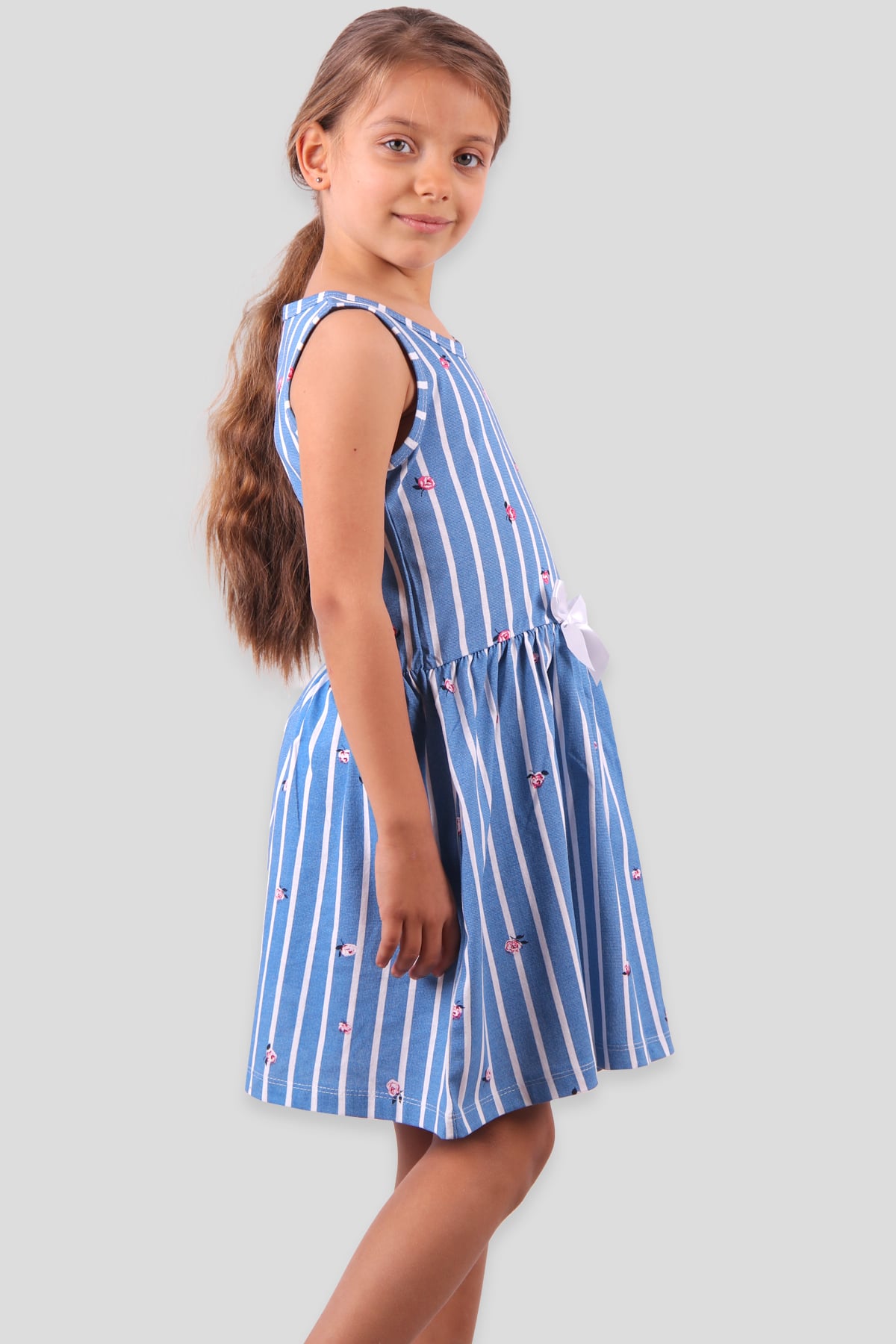 Breeze Kız Çocuk Elbise Çizgili Gül Baskılı Fiyonklu Mavi (6-10 Yaş)