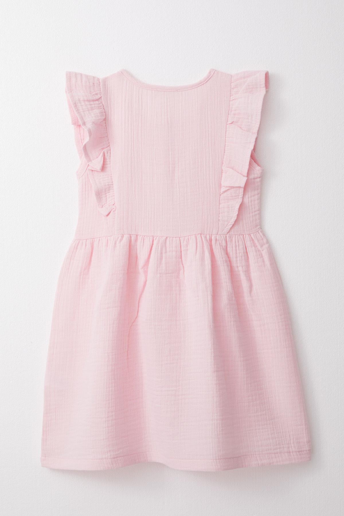 Breeze Kız Çocuk Elbise Düğmeli Fırfırlı Pembe (5-10 Yaş)