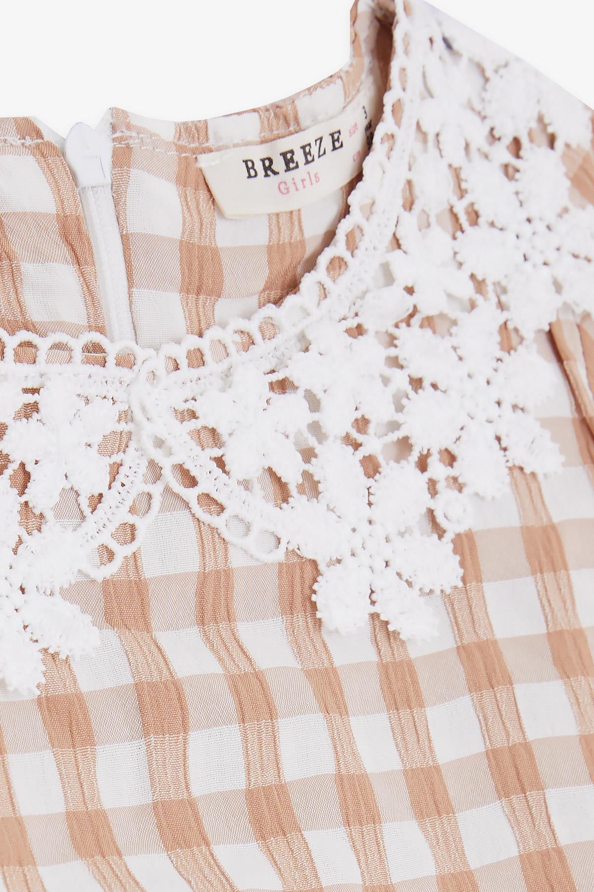 Breeze Kız Çocuk Elbise Ekose Desenli Güpürlü Açık Kahverengi (2-6 Yaş)