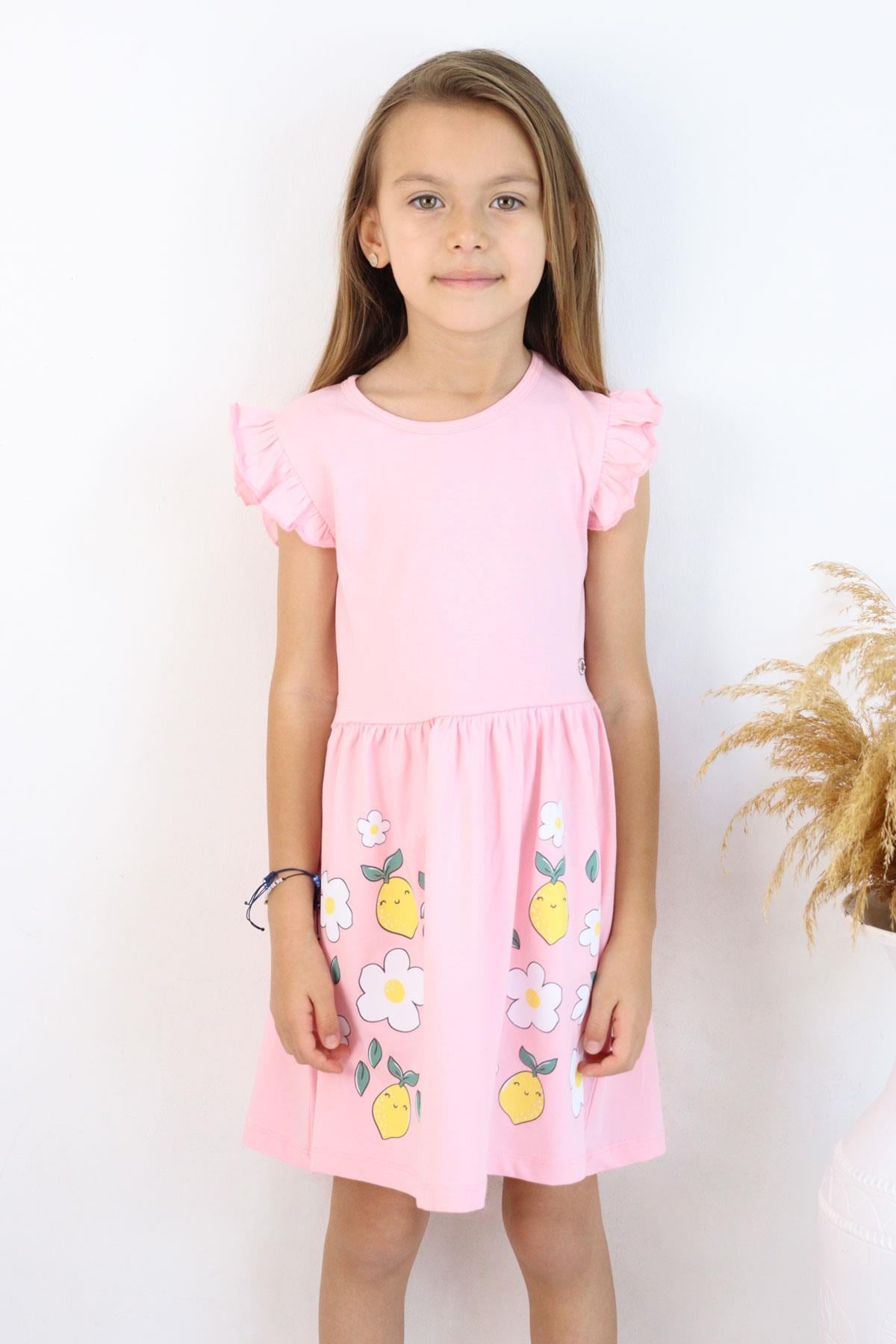 Breeze Kız Çocuk Elbise Etek Kısmı Limon & Çiçek Baskılı Pembe (2-5 Yaş)