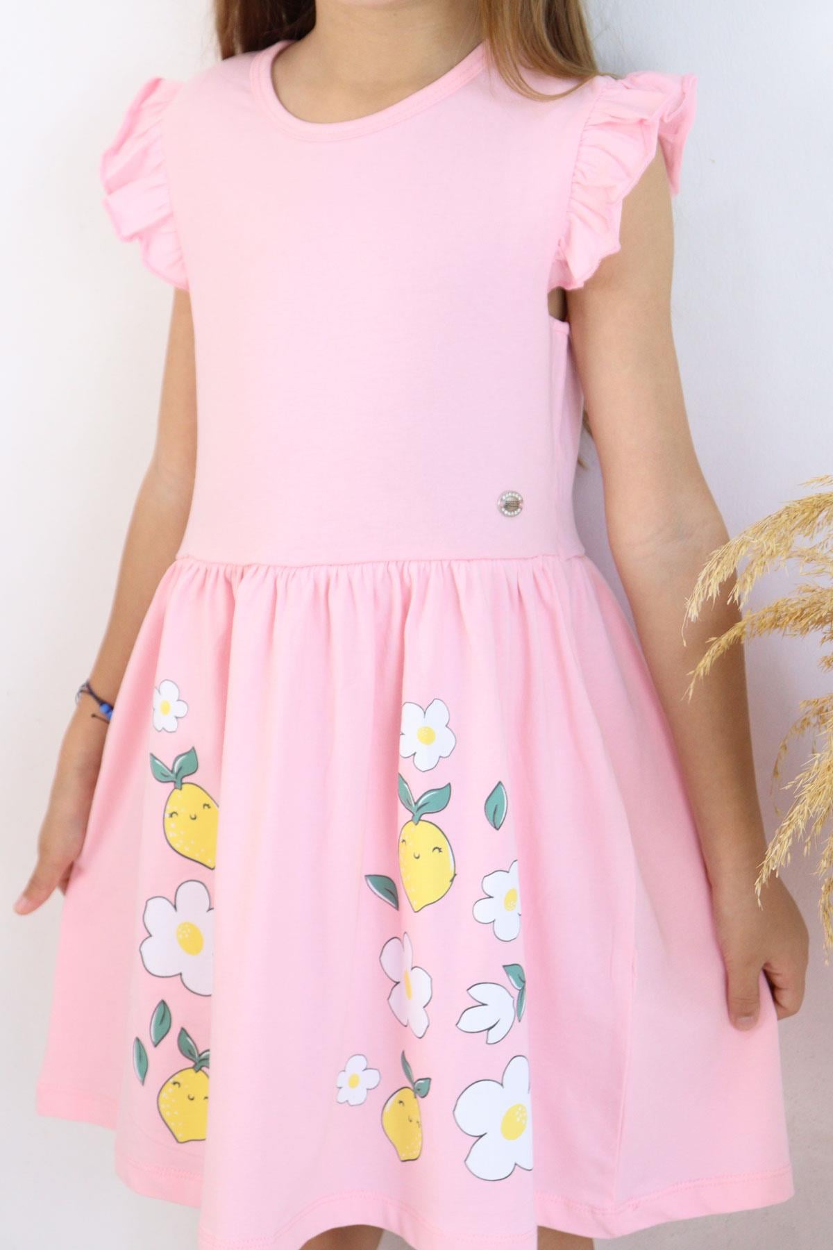 Breeze Kız Çocuk Elbise Etek Kısmı Limon & Çiçek Baskılı Pembe (2-5 Yaş)