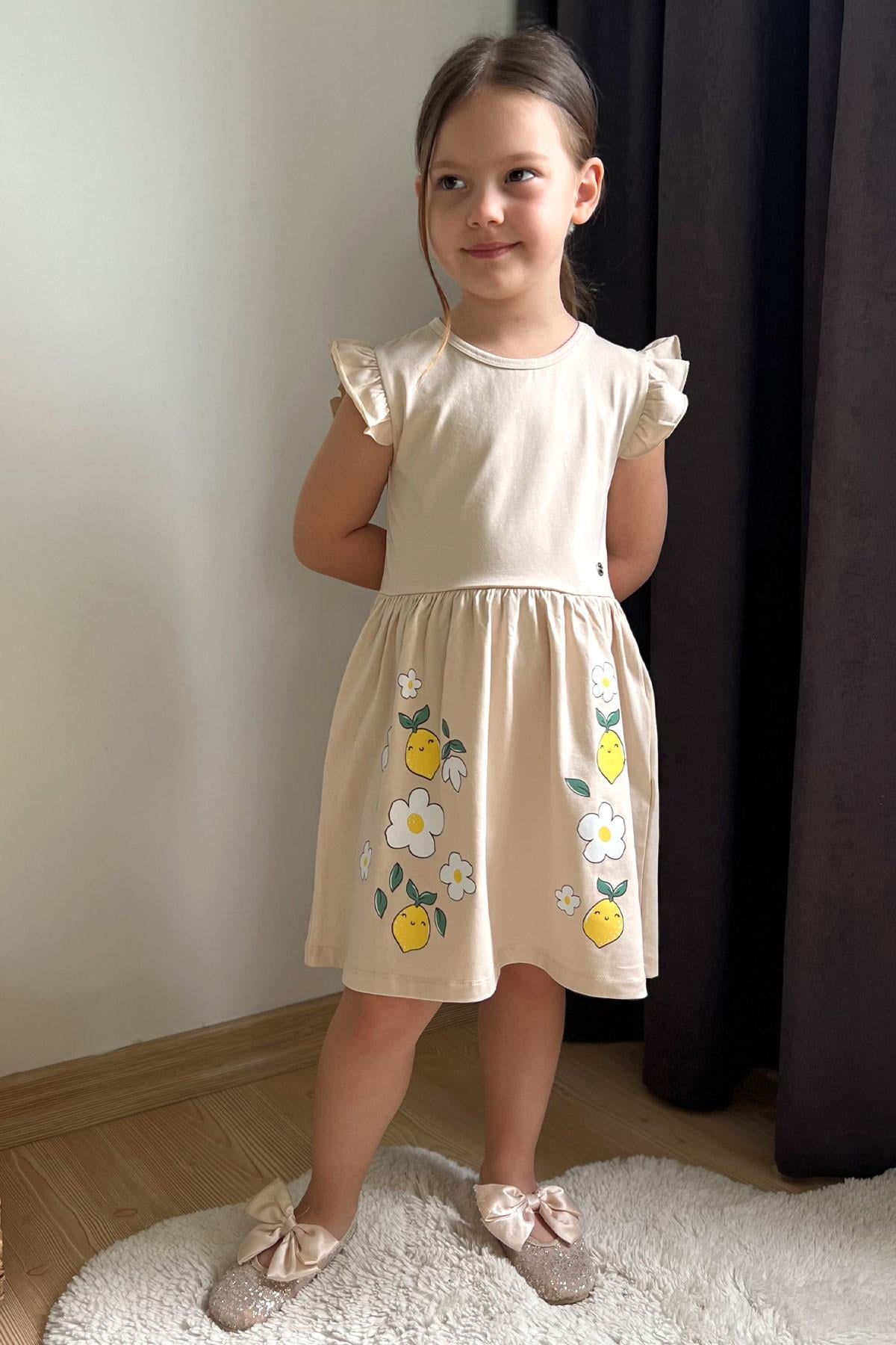 Breeze Kız Çocuk Elbise Etek Kısmı Limon & Çiçek Baskılı Bej (2-6 Yaş)