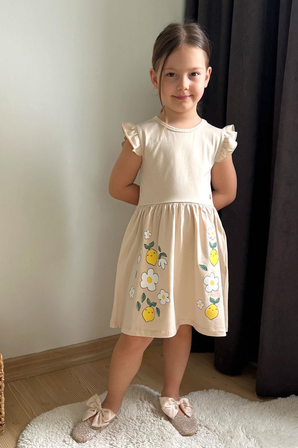 Breeze Kız Çocuk Elbise Etek Kısmı Limon & Çiçek Baskılı Bej (2-6 Yaş)