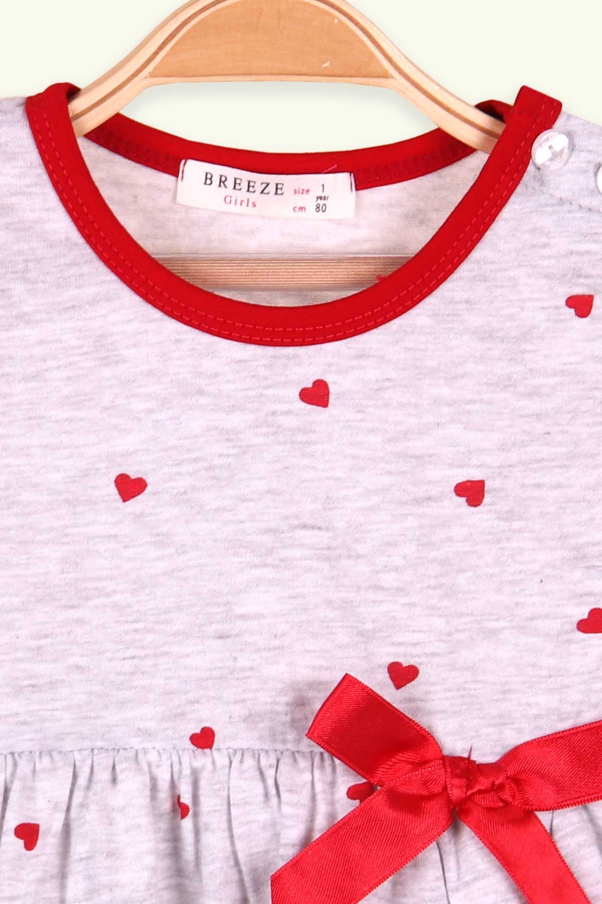 Breeze Kız Çocuk Elbise Fiyonklu Kalpli Açık Gri (1-4 Yaş)
