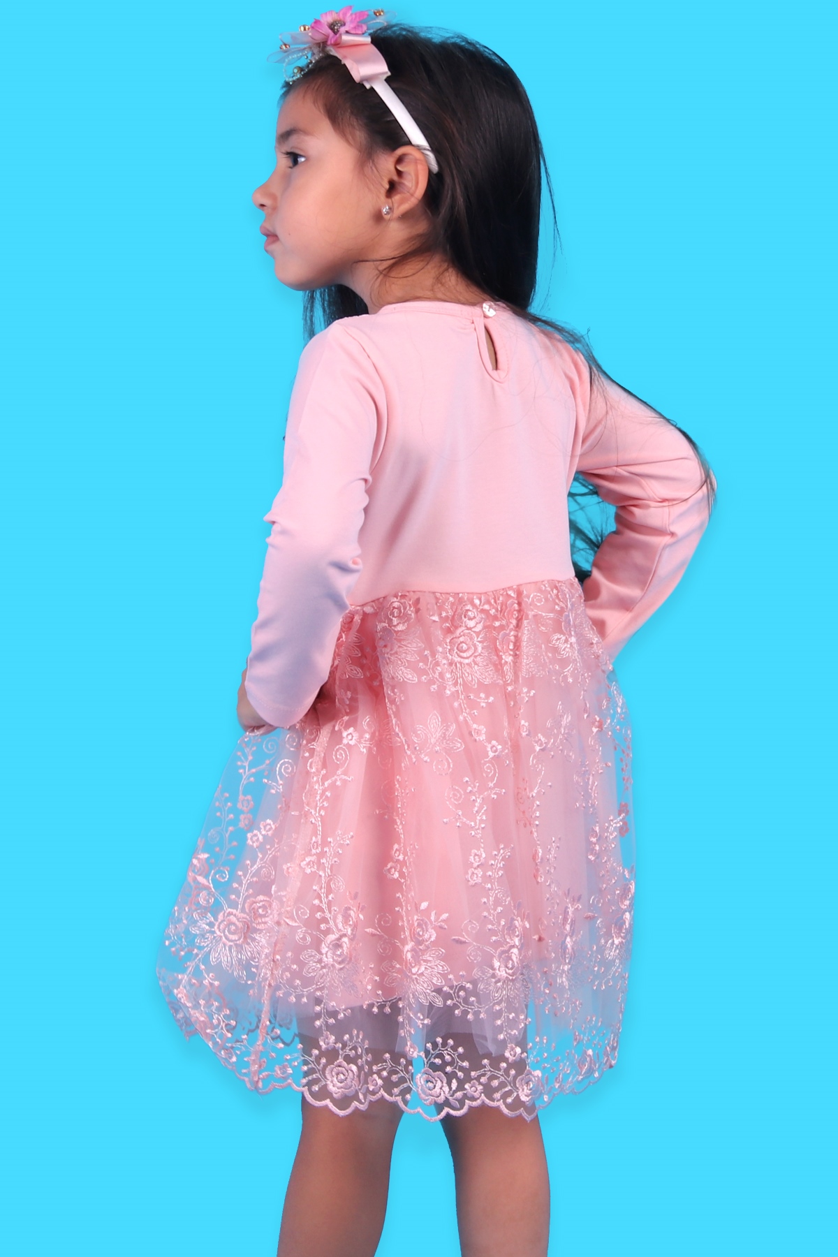 Breeze Kız Çocuk Elbise Fiyonklu Tüllü Güpürlü Somon (1.5-5 Yaş)