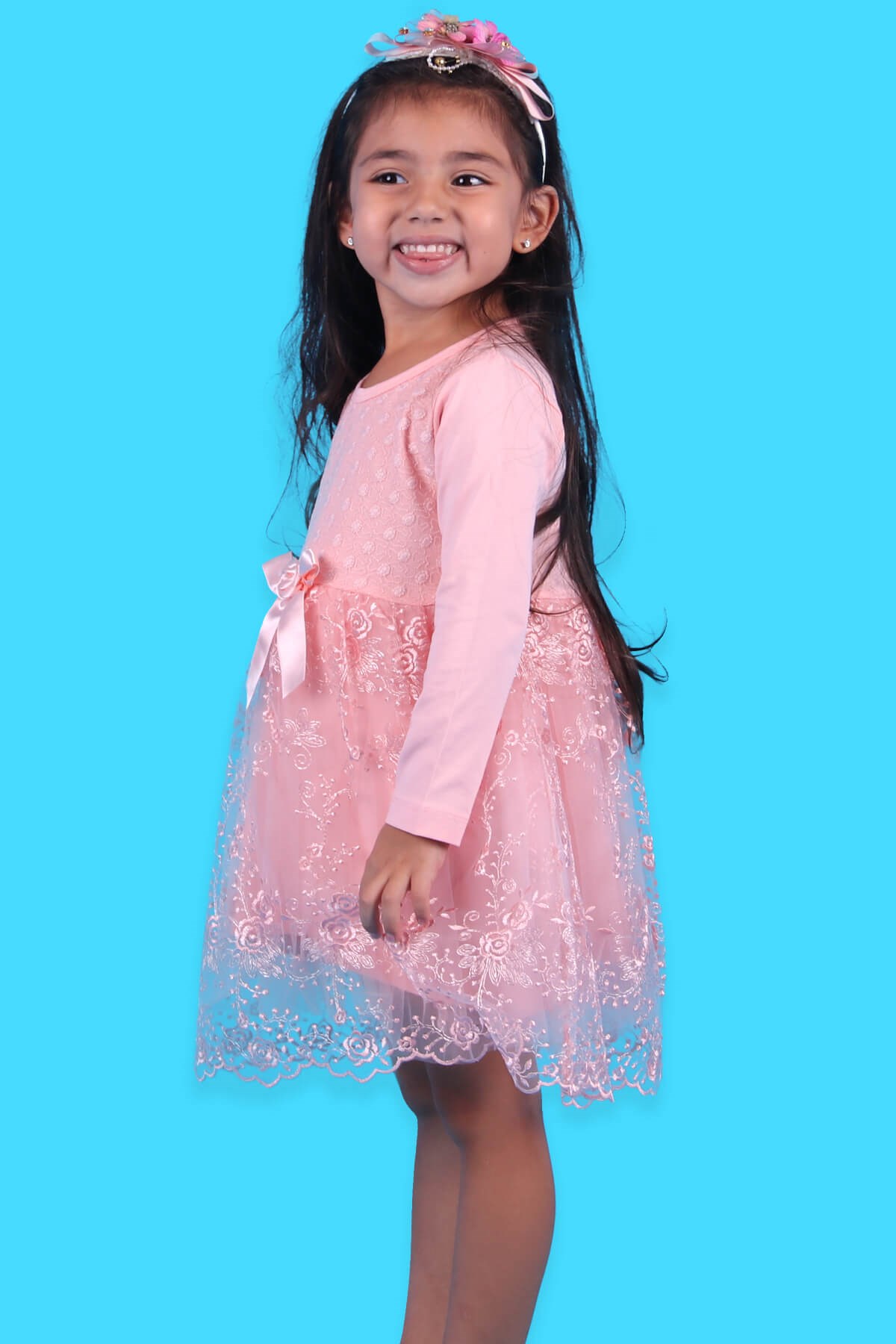 Breeze Kız Çocuk Elbise Fiyonklu Tüllü Güpürlü Somon (1.5-5 Yaş)