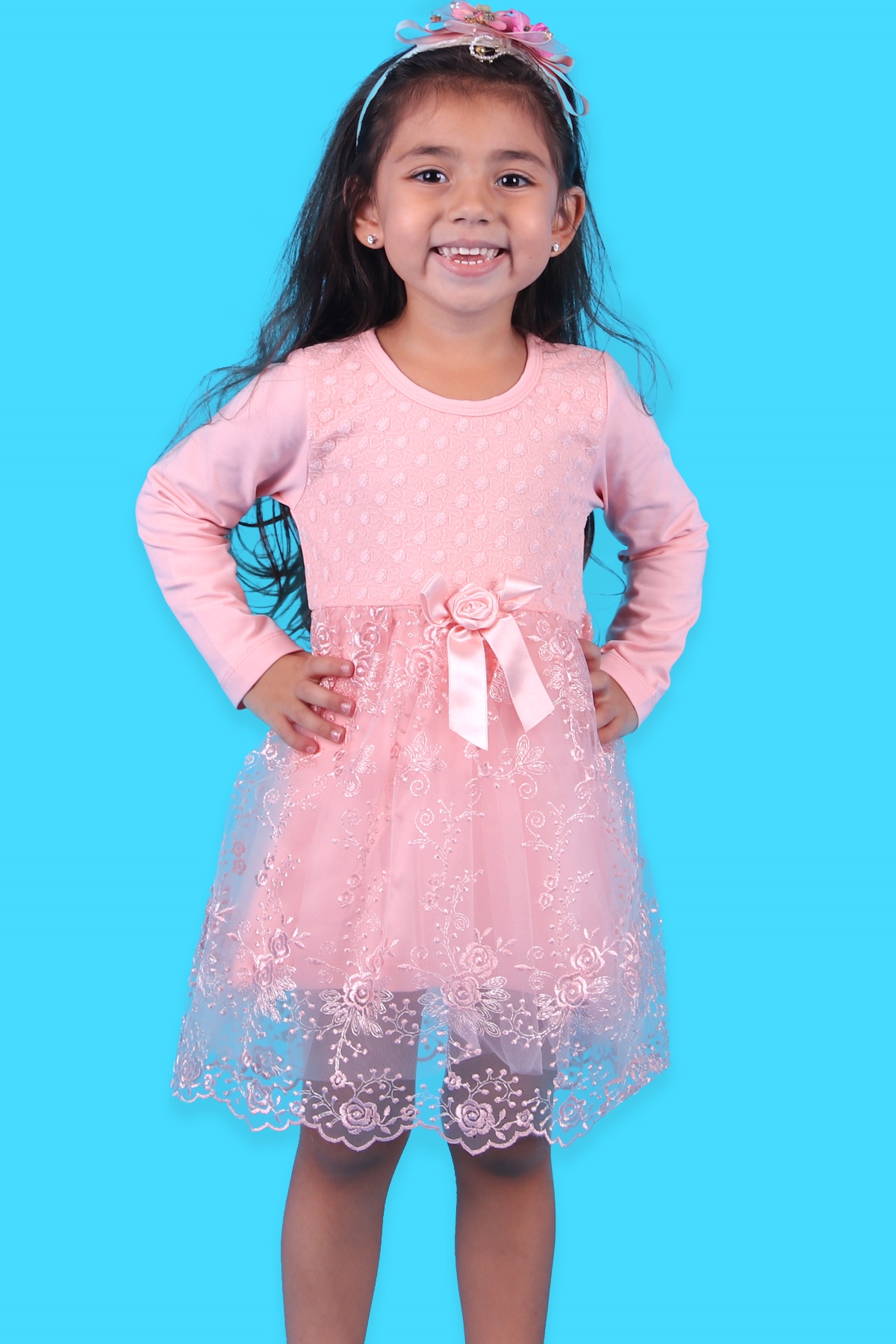 Breeze Kız Çocuk Elbise Fiyonklu Tüllü Güpürlü Somon (1.5-5 Yaş)