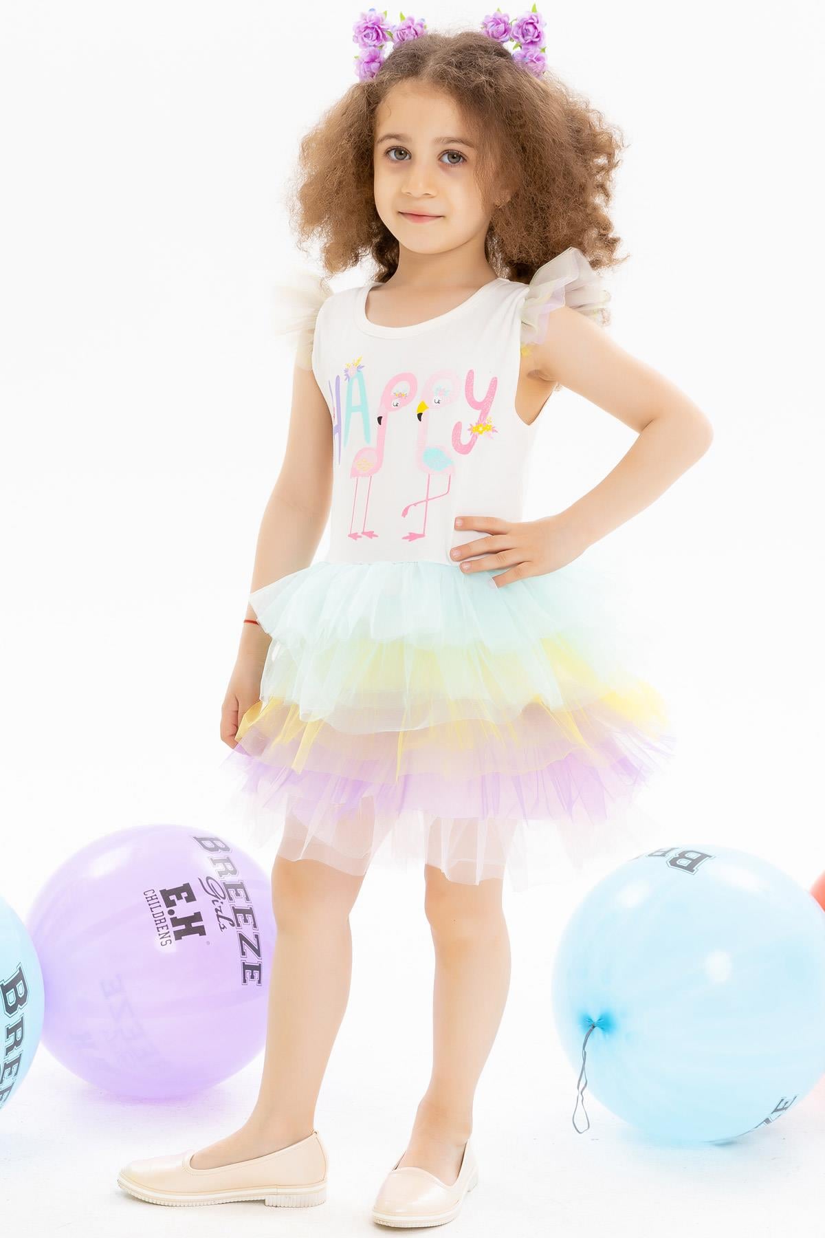 Breeze Kız Çocuk Elbise Flamingo Baskılı Ekru (4 Yaş)