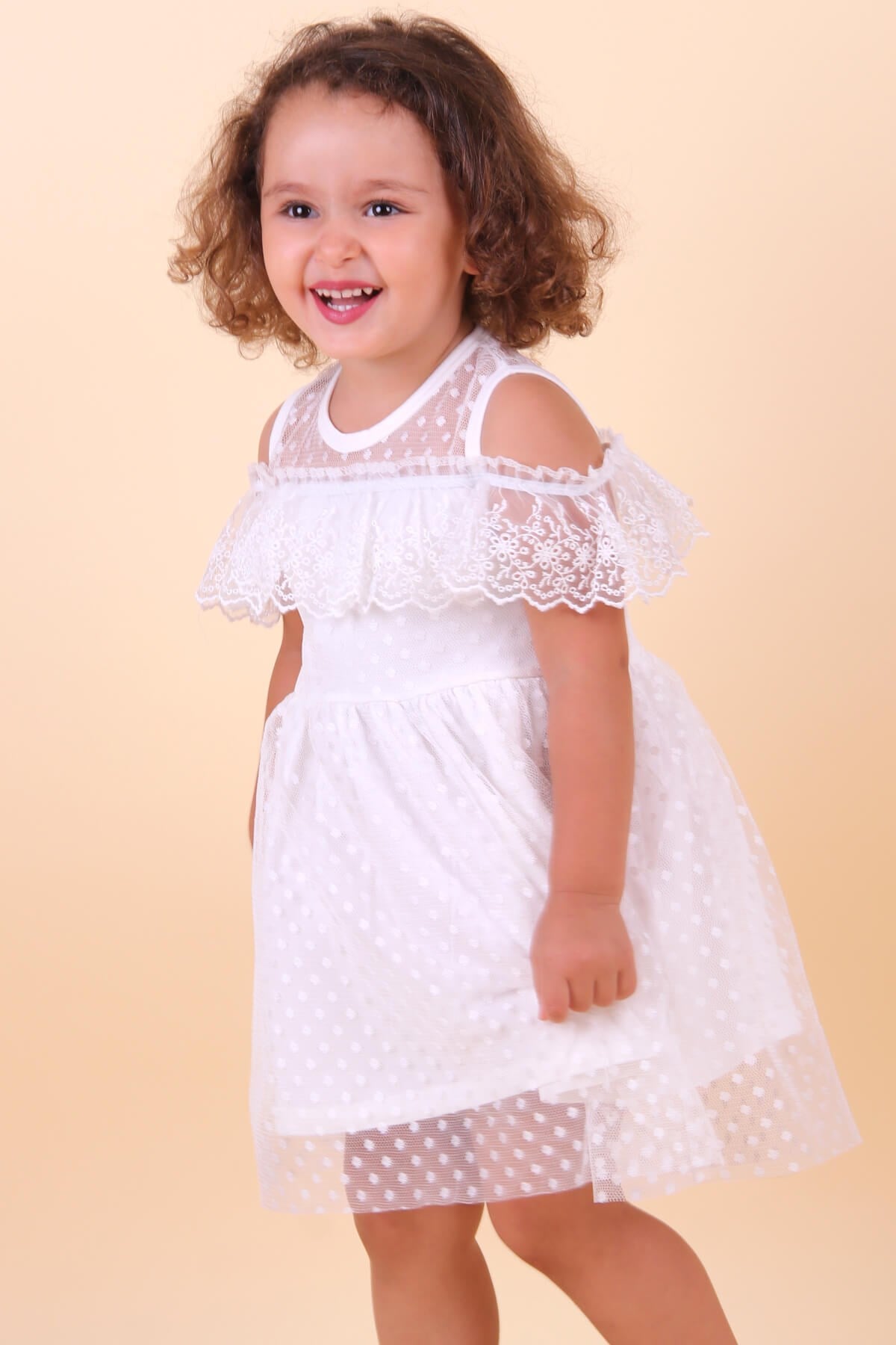 Breeze Kız Çocuk Elbise Güpürlü Ekru (1.5-5 Yaş)