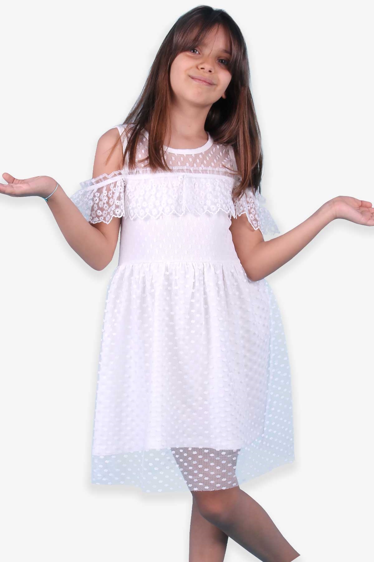 Breeze Kız Çocuk Elbise Güpürlü Ekru (6-12 Yaş)