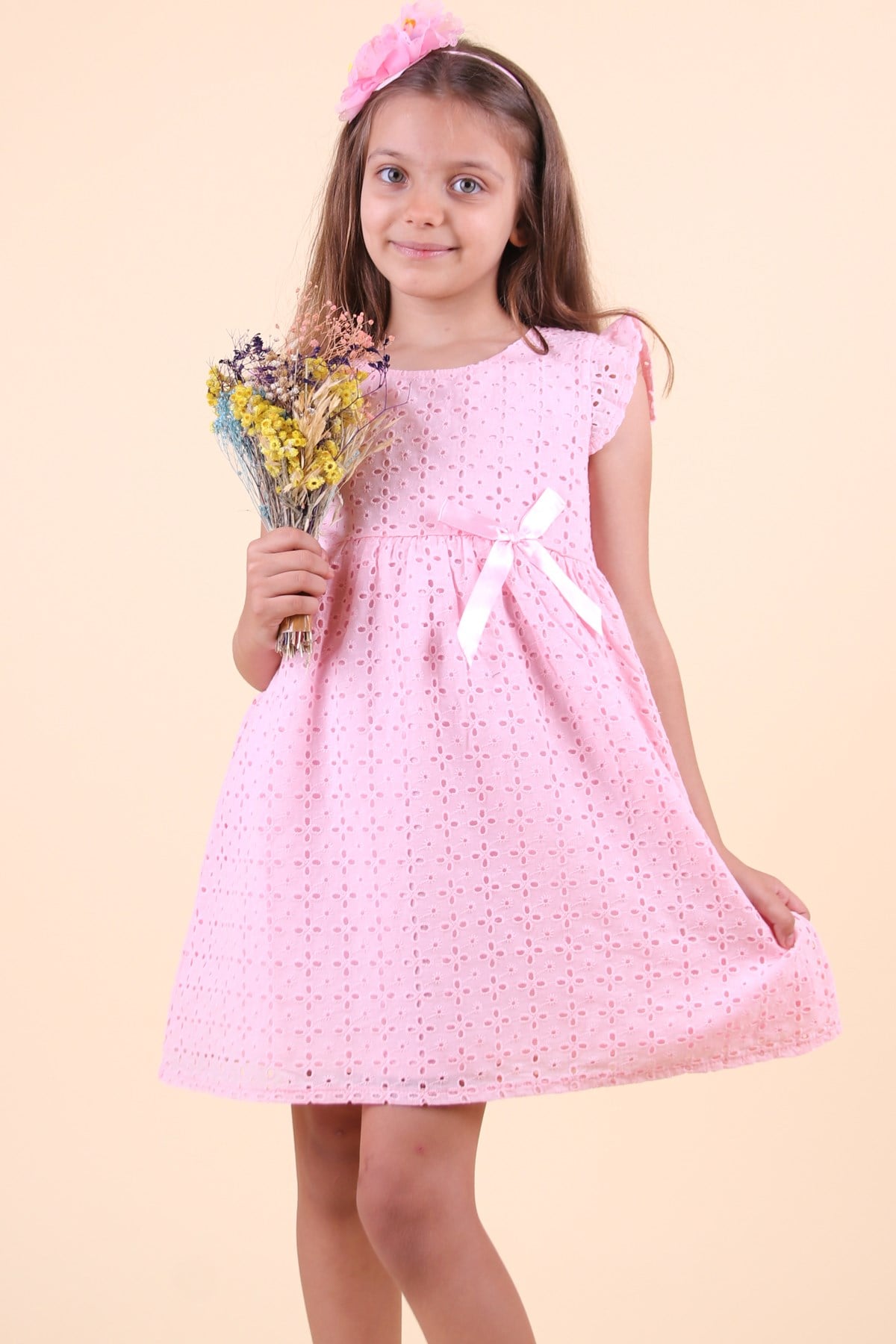 Breeze Kız Çocuk Elbise Güpürlü Pembe (3-8 Yaş)