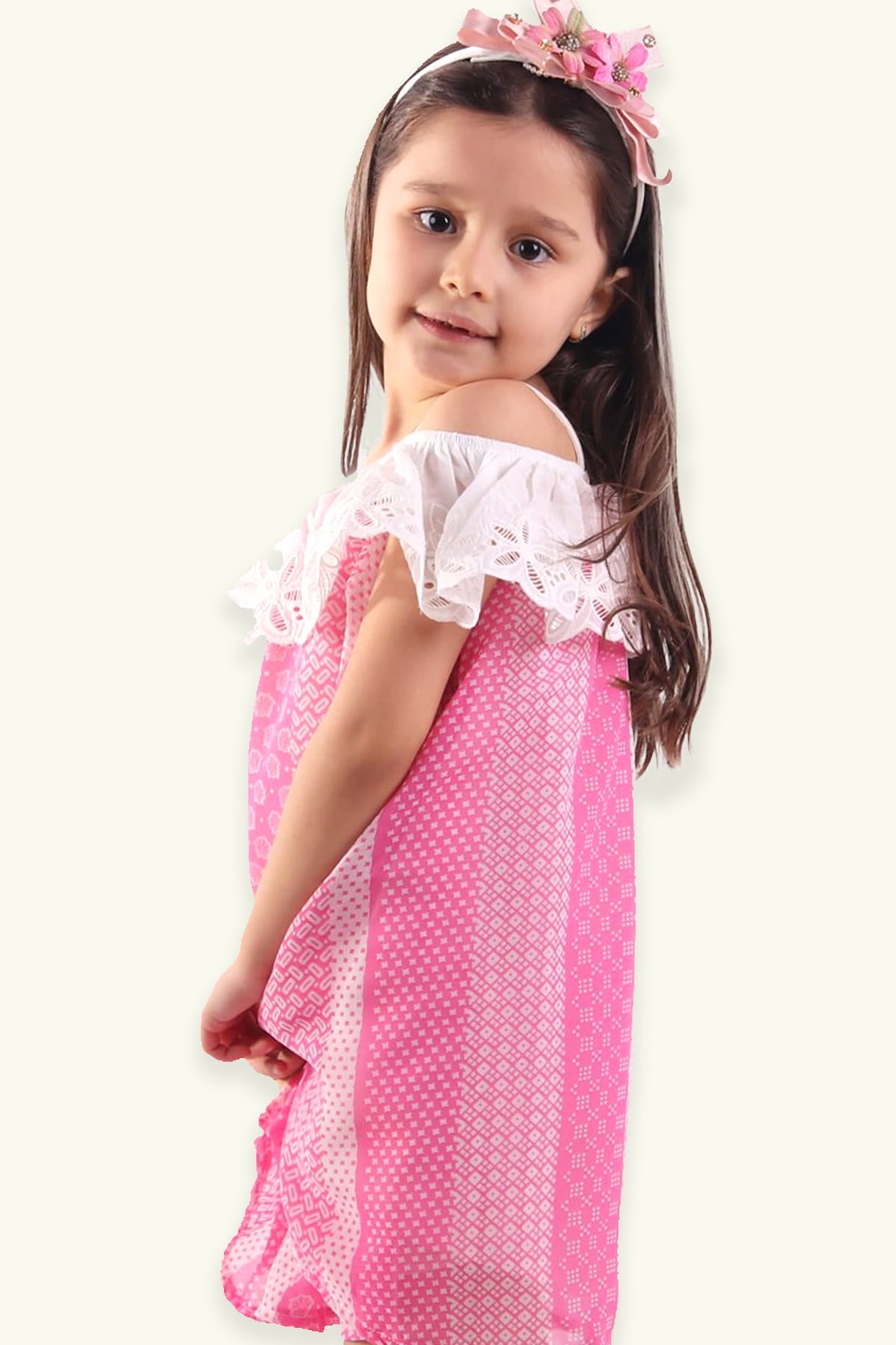 Breeze Kız Çocuk Elbise Güpürlü Şifon Pembe-Ekru (9-12 Yaş)
